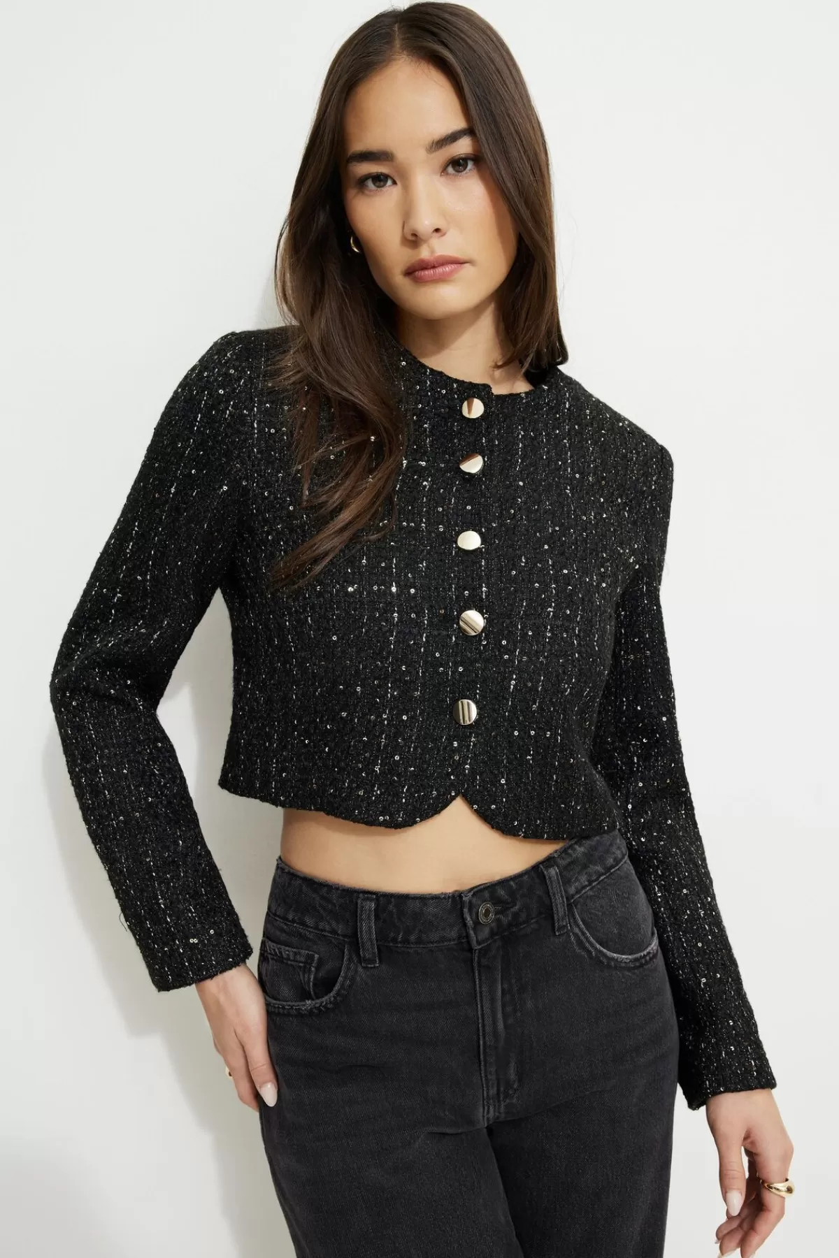 Dynamite Margaux Metallic Tweed Cropped Blazer Black Hot