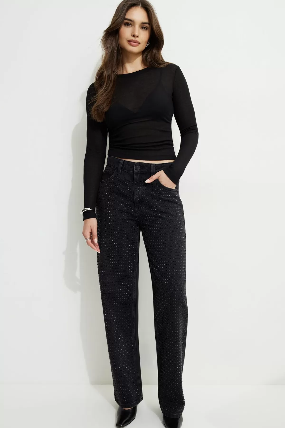 Dynamite Mika Rhinestone Relaxed Straight Jeans Black Online