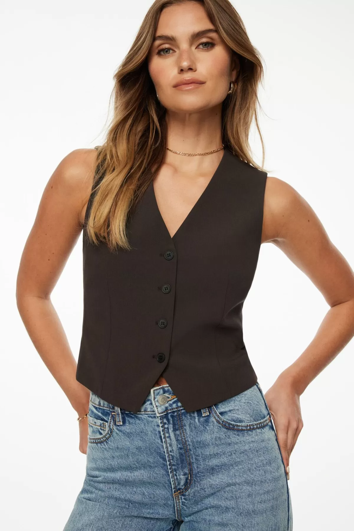 Dynamite Millie Tailored Four Button Vest Brown Clearance