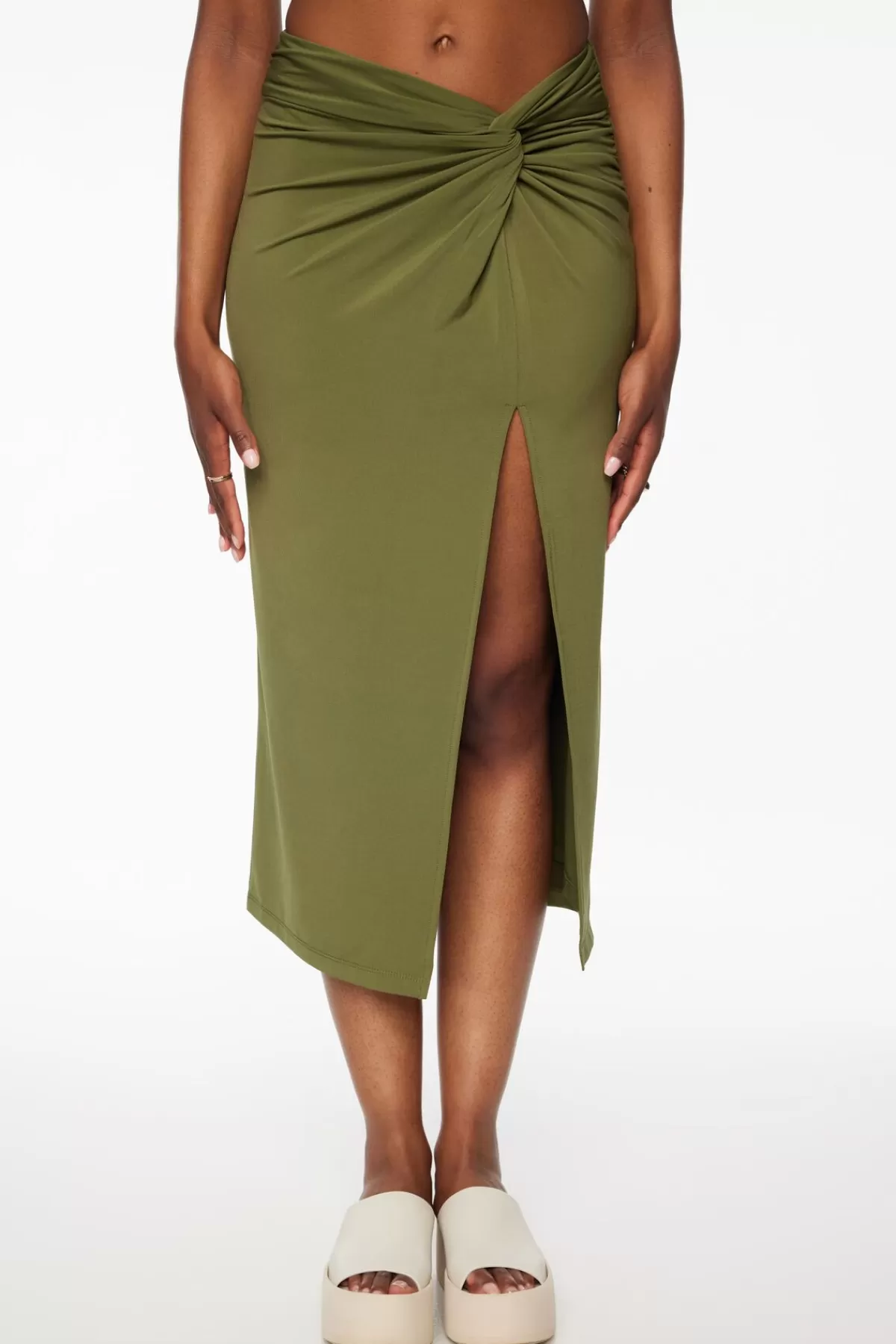 Dynamite Naia Sculpt Midi Skirt With Slit Green Discount