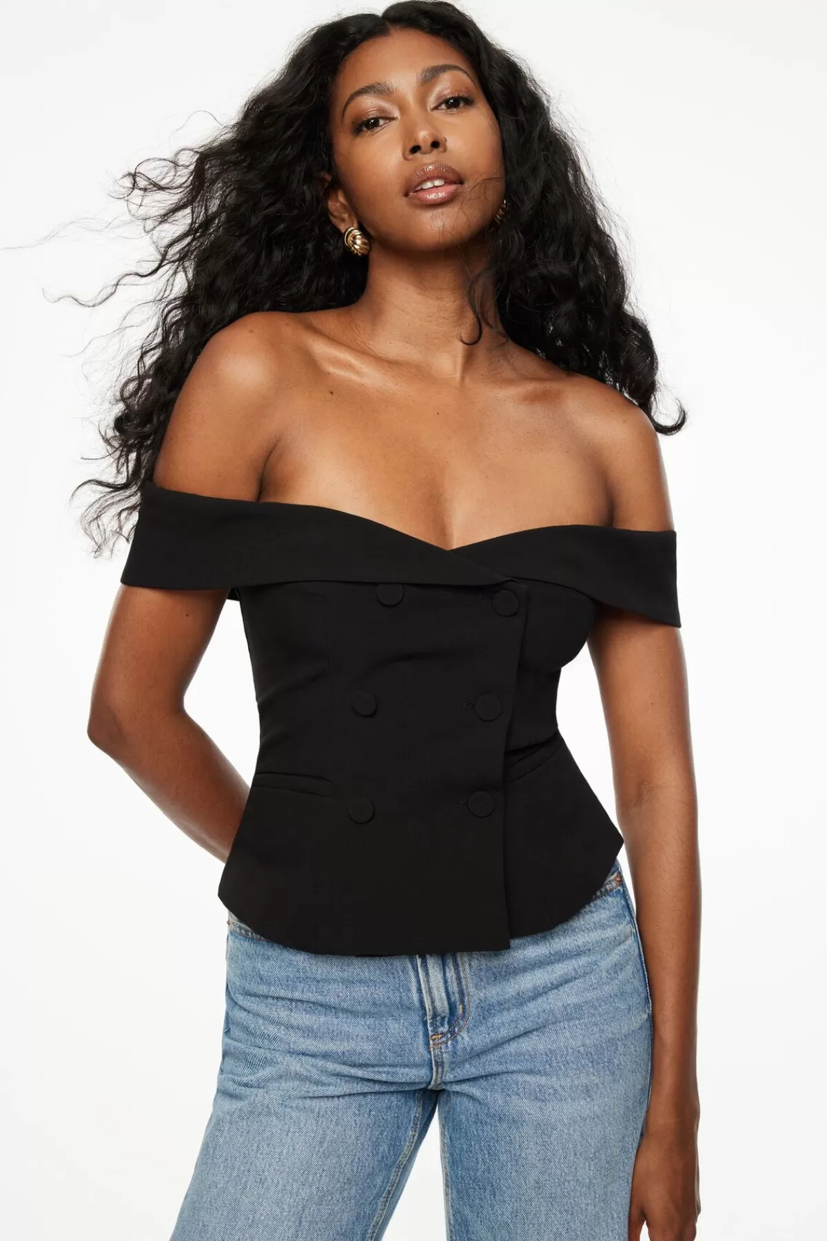 Dynamite Off Shoulder Buttoned Vest Black Best