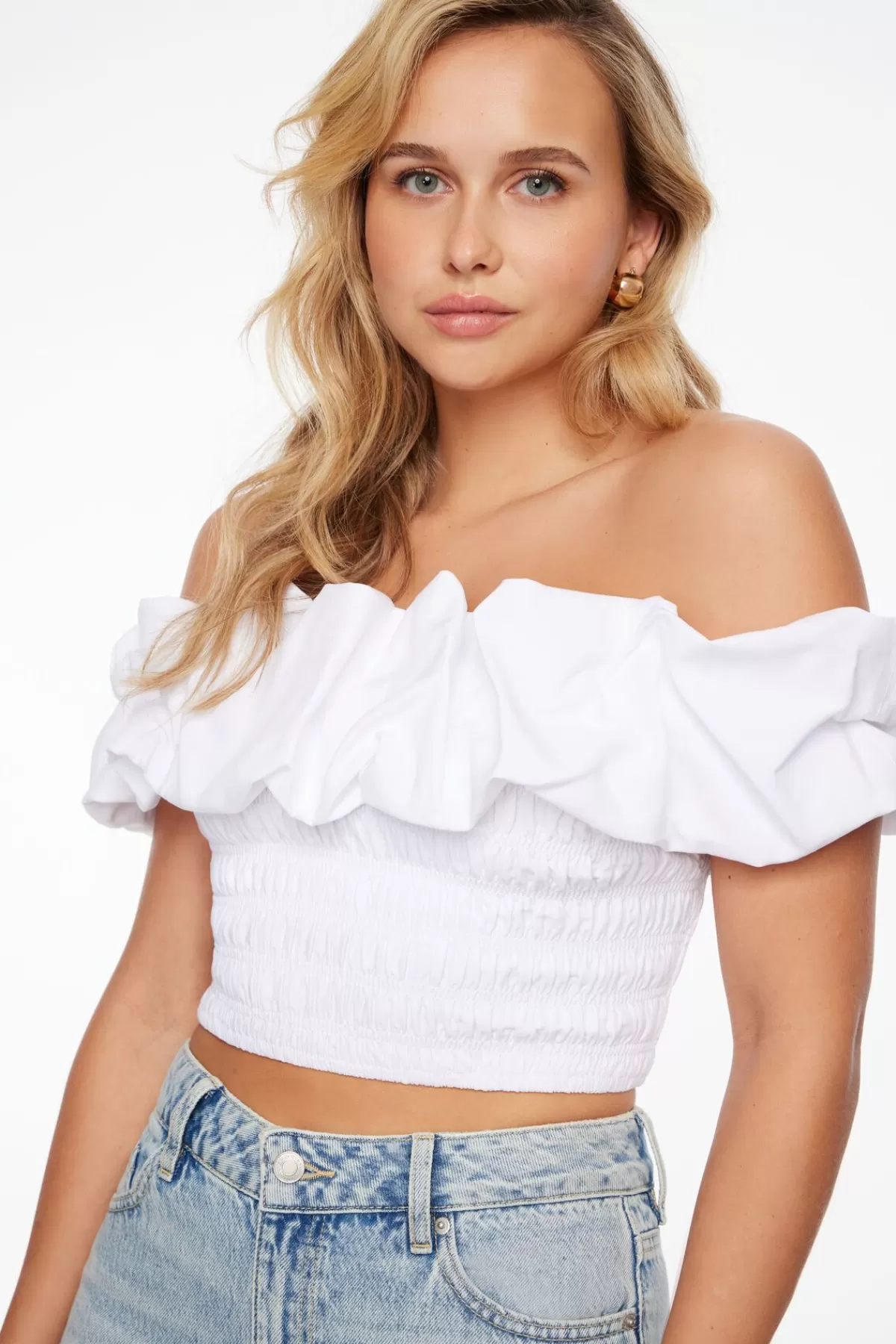 Dynamite Off Shoulder Gathered Linen Top White Store