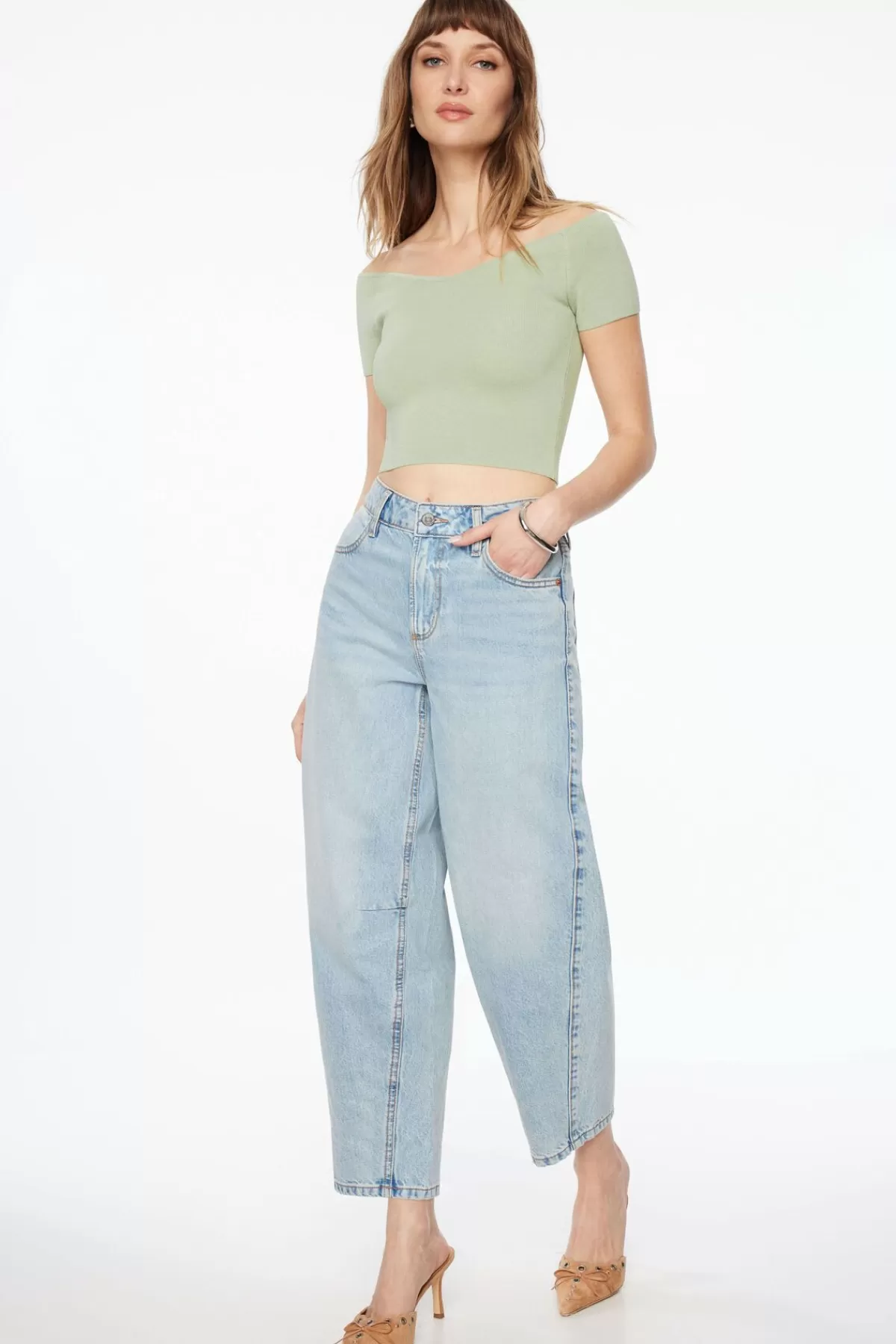 Dynamite Off Shoulder Knit Top Green Flash Sale