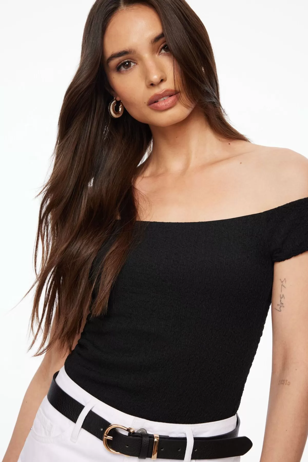 Dynamite Off Shoulder Popcorn Textured Top Black Clearance