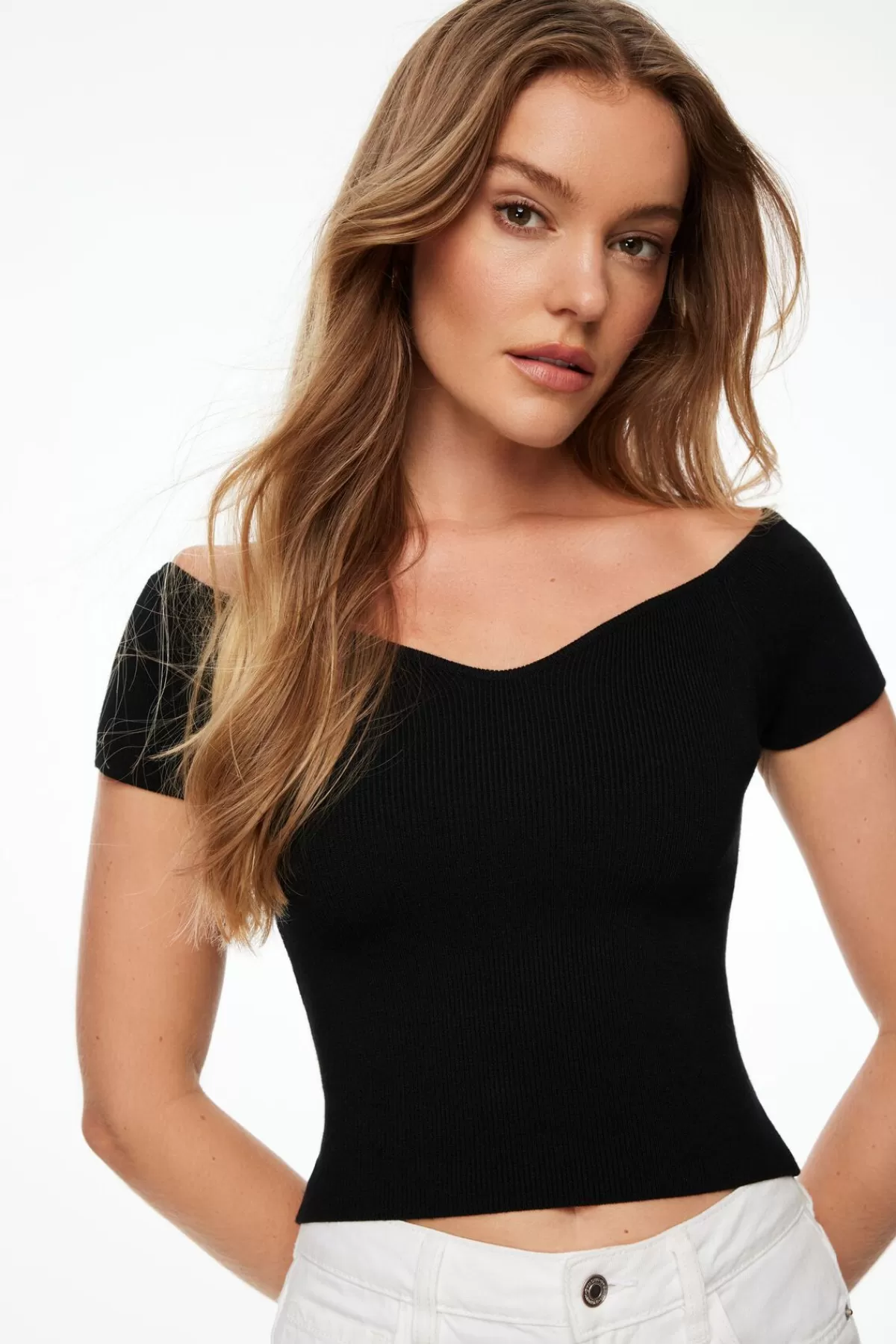 Dynamite Off Shoulder Short Sleeve Sweater Black Best Sale