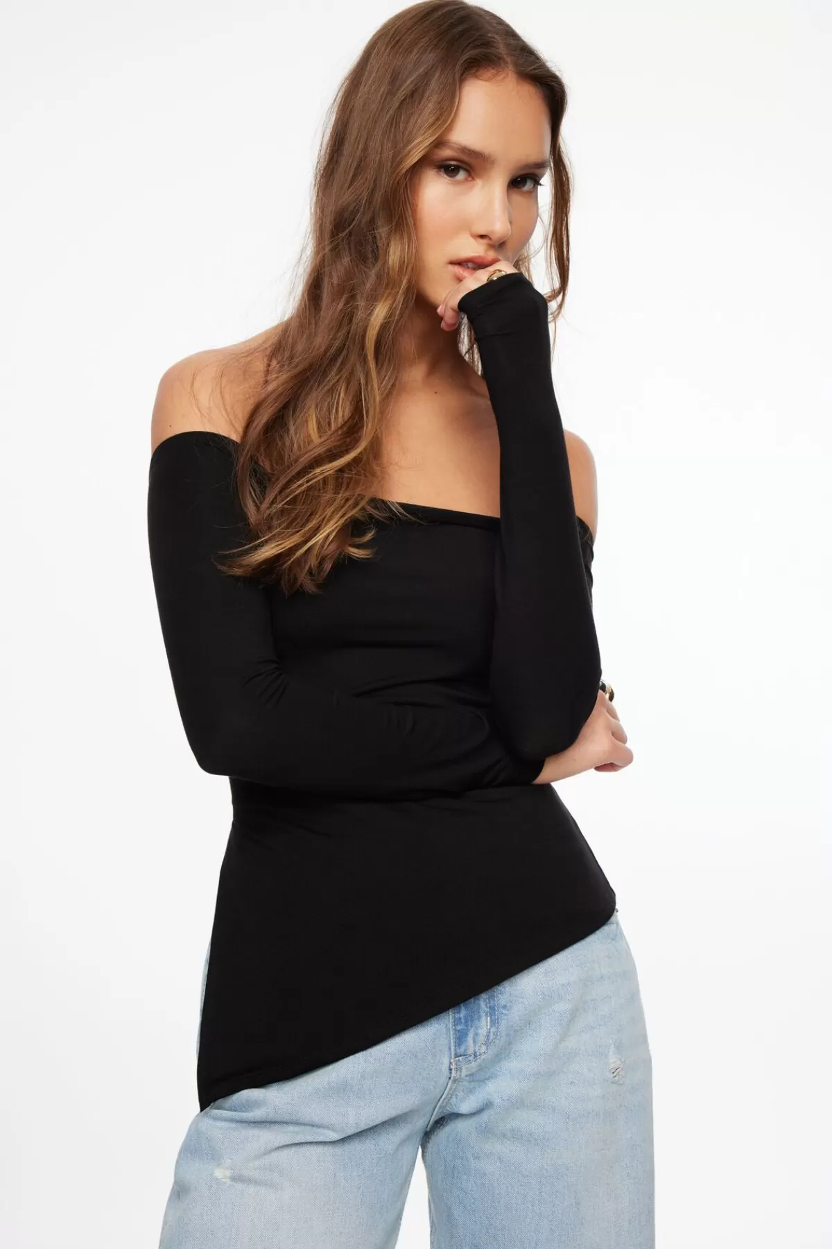 Dynamite Off Shoulder Tunic Slit Top Black Fashion