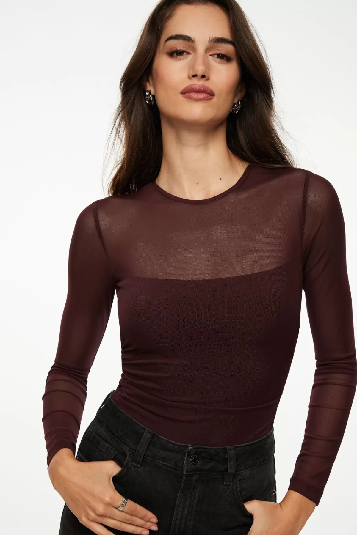 Dynamite Open Back Mesh Bodysuit Burgundy Store