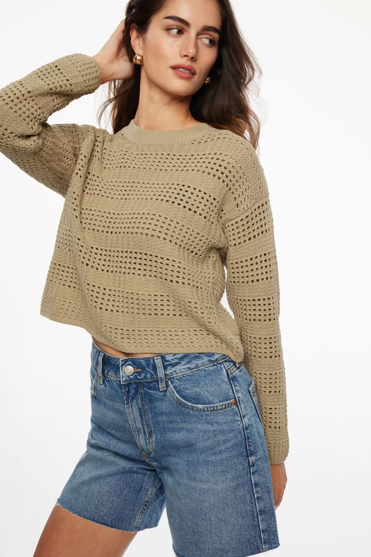 Dynamite Open Knit Crewneck Sweater Brown Cheap