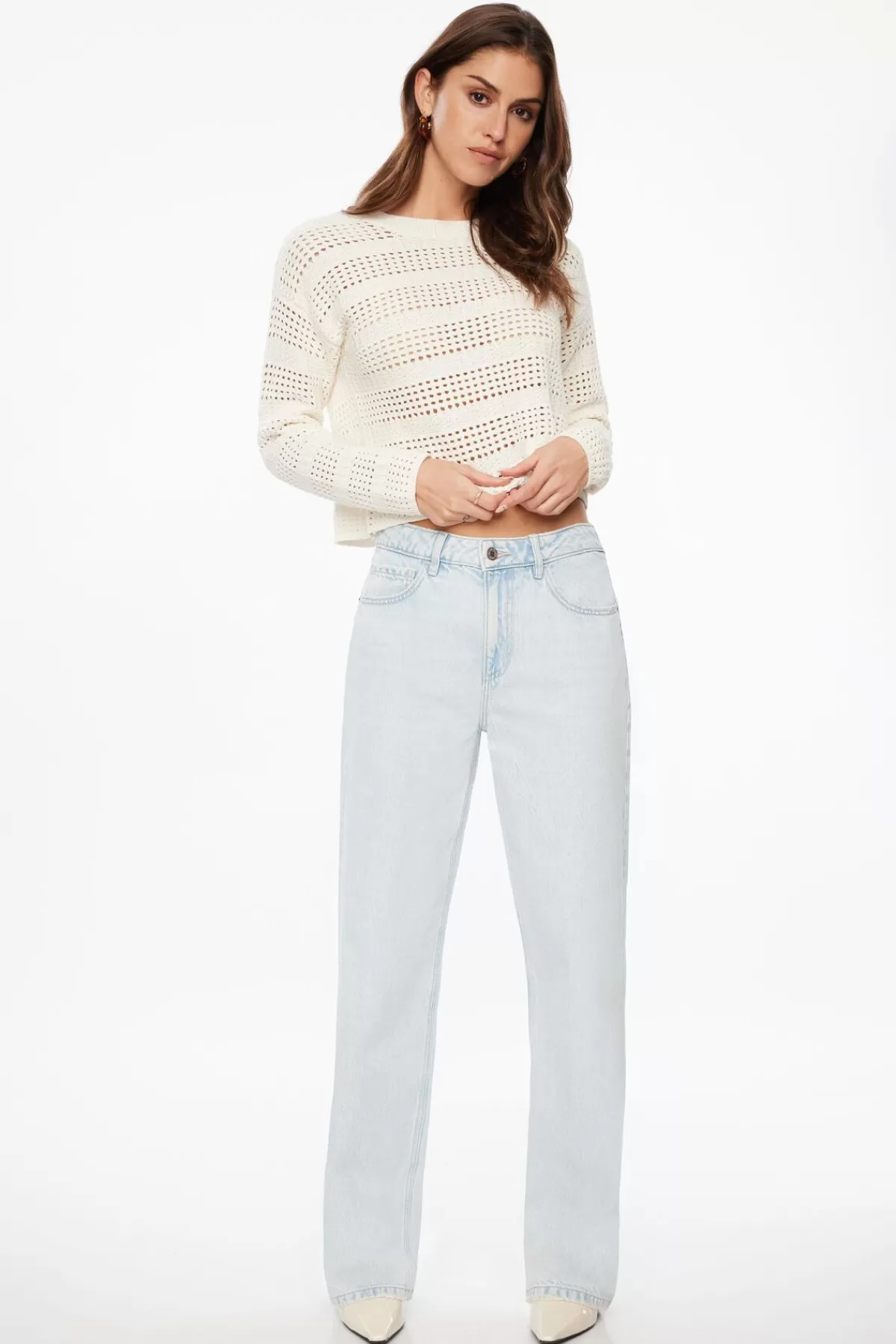 Dynamite Open Knit Crewneck Sweater White Cheap