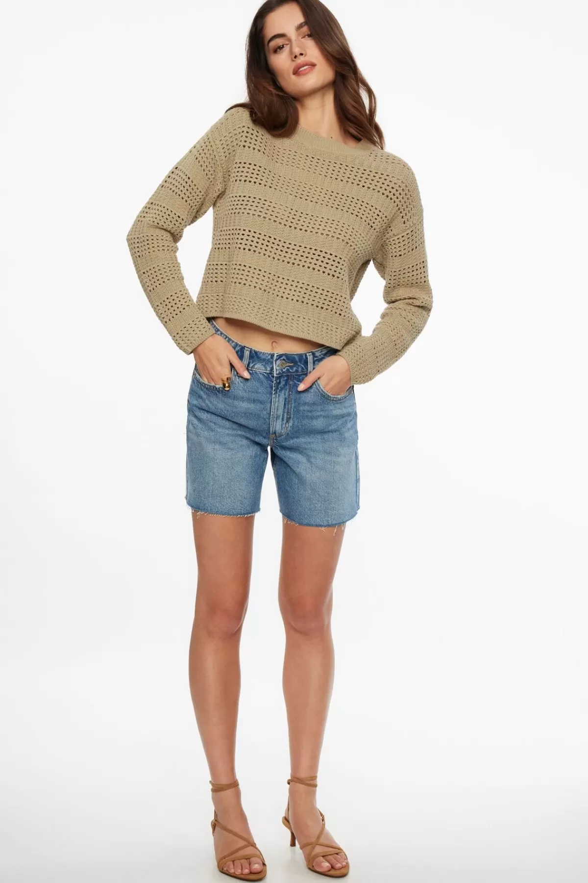 Dynamite Open Knit Crewneck Sweater Brown Cheap