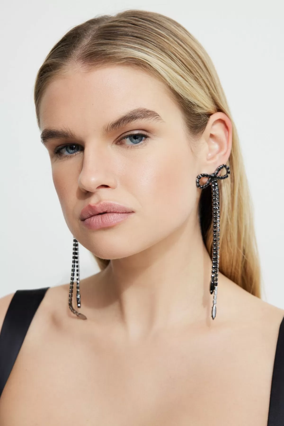 Dynamite Oversized Hanging Gem Bow Earrings Black Clearance