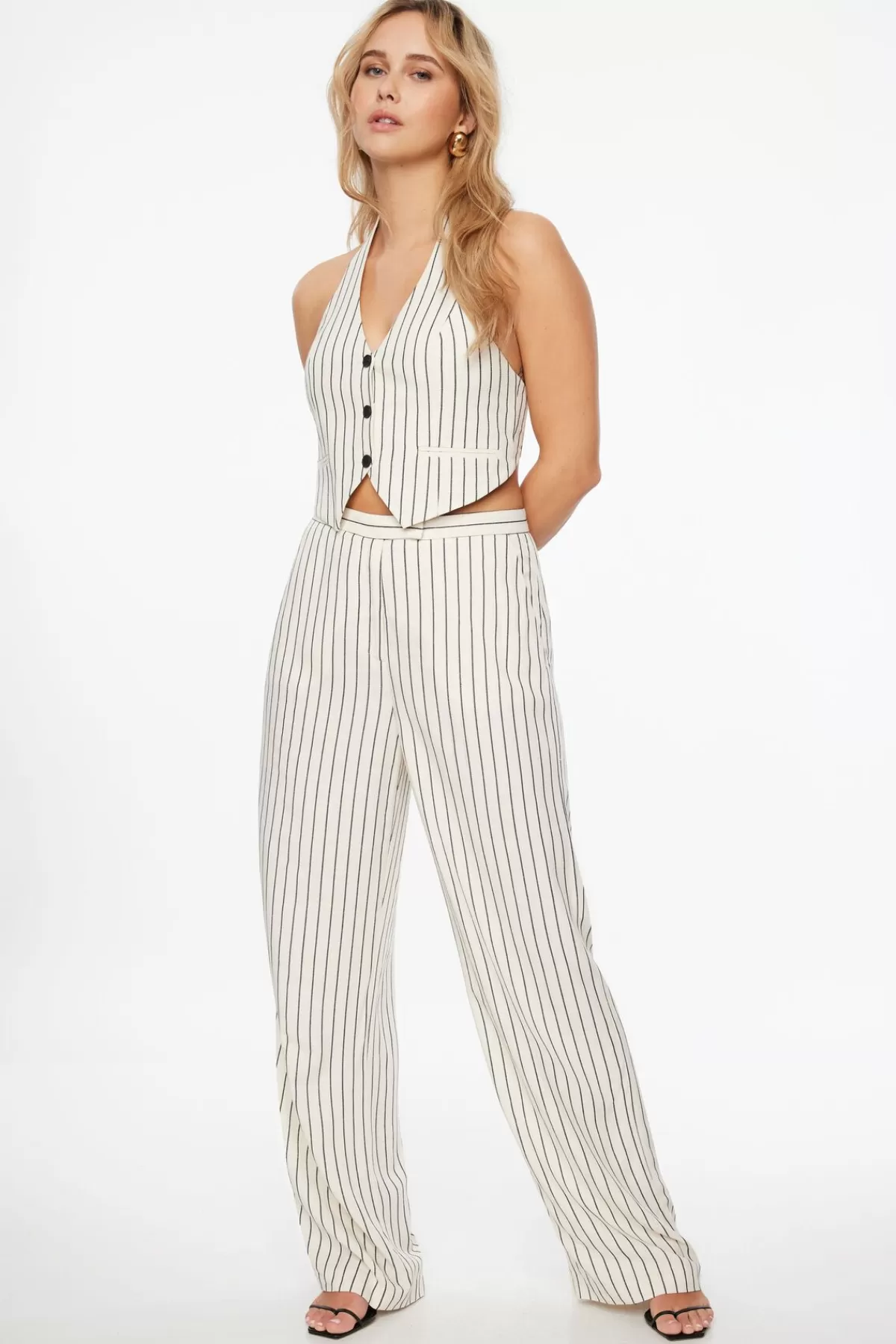 Dynamite Pinstripe Open Back Halter Vest White Flash Sale