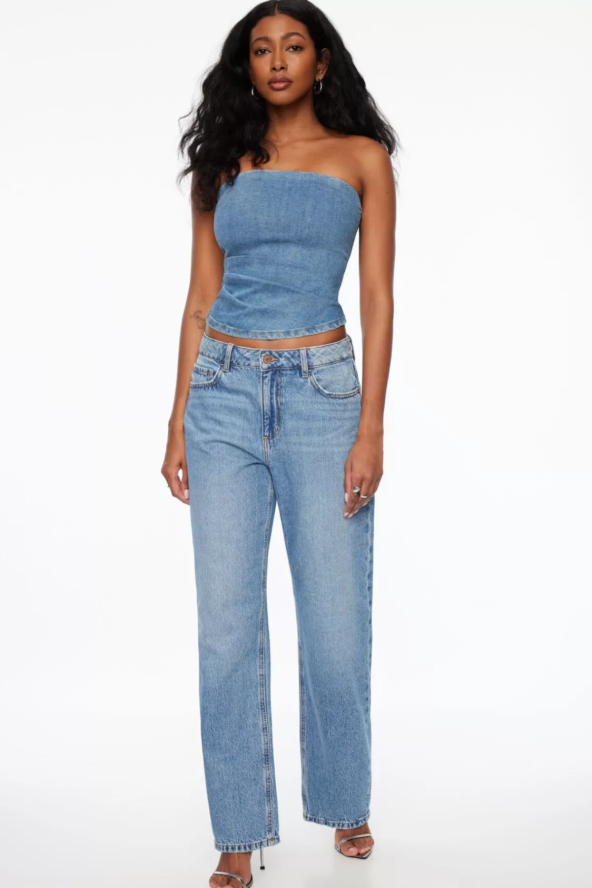 Dynamite Pleated Denim Bustier Top Blue Flash Sale