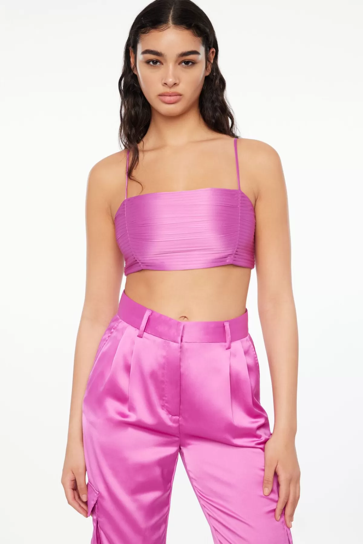 Dynamite Pleated Satin Crop Top Purple Best Sale