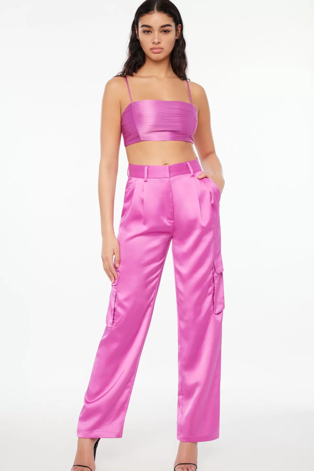 Dynamite Pleated Satin Crop Top Purple Best Sale