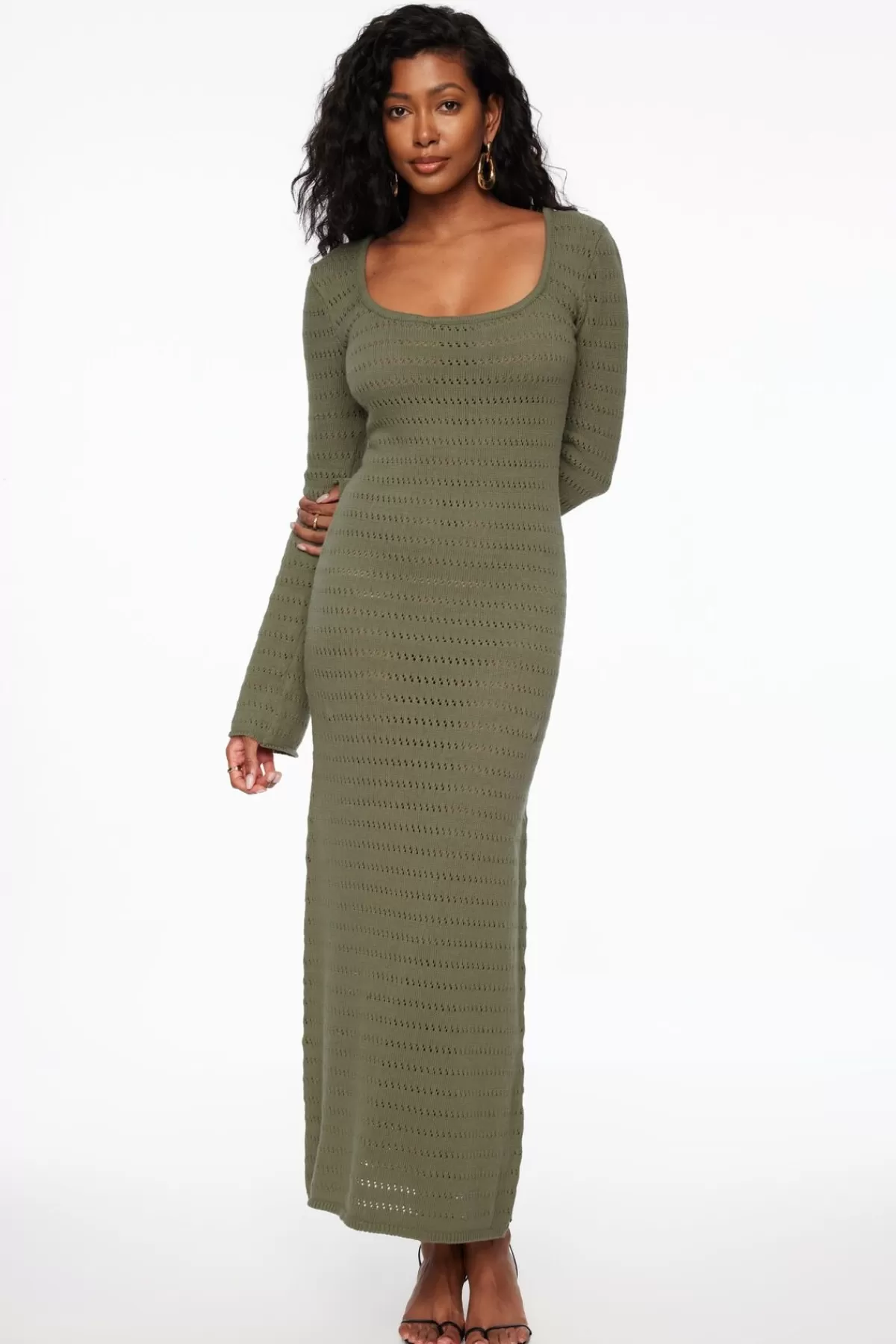 Dynamite Pointelle Long Sleeve Maxi Dress Green Best Sale