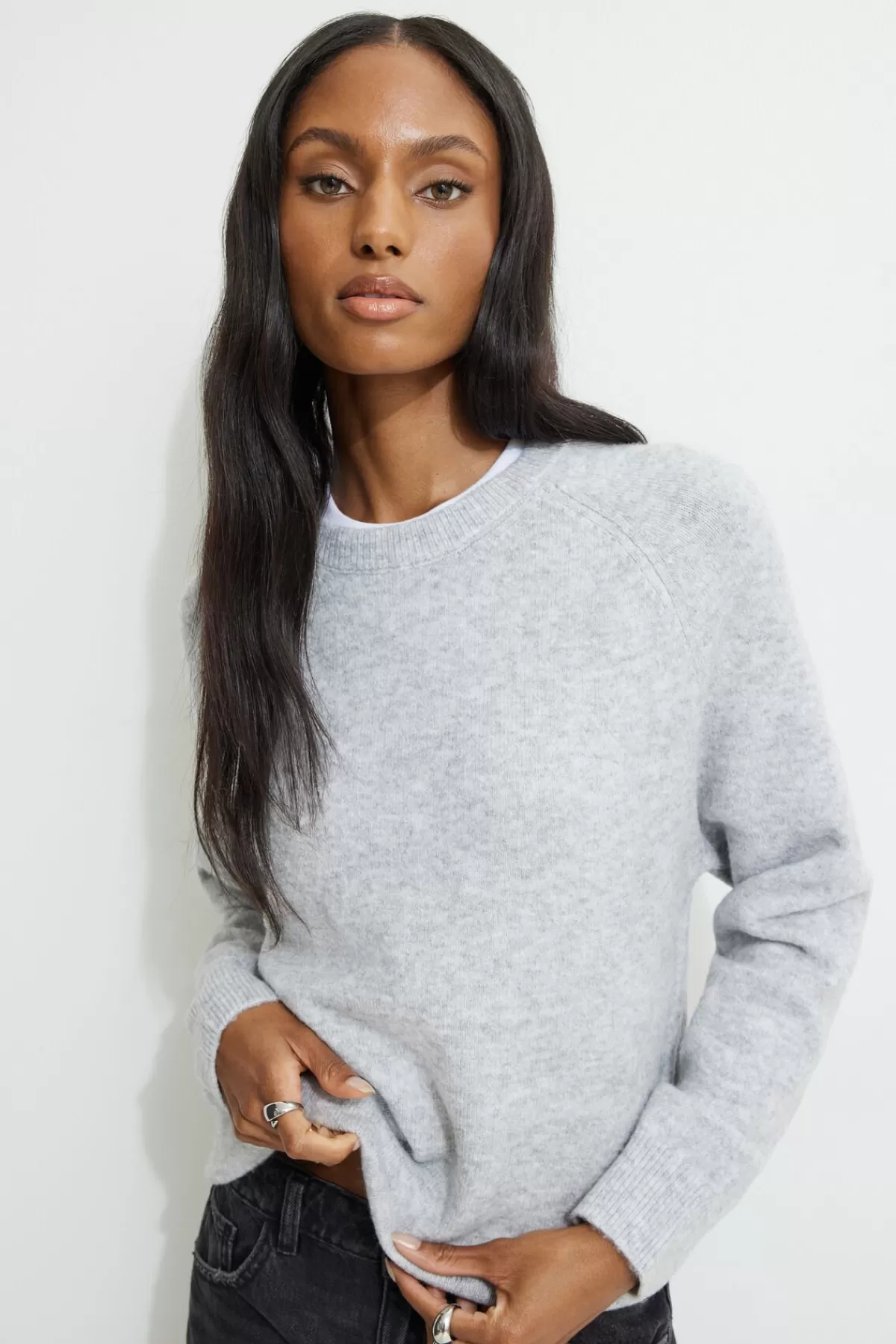 Dynamite Raglan Crewneck Sweater Gray Fashion