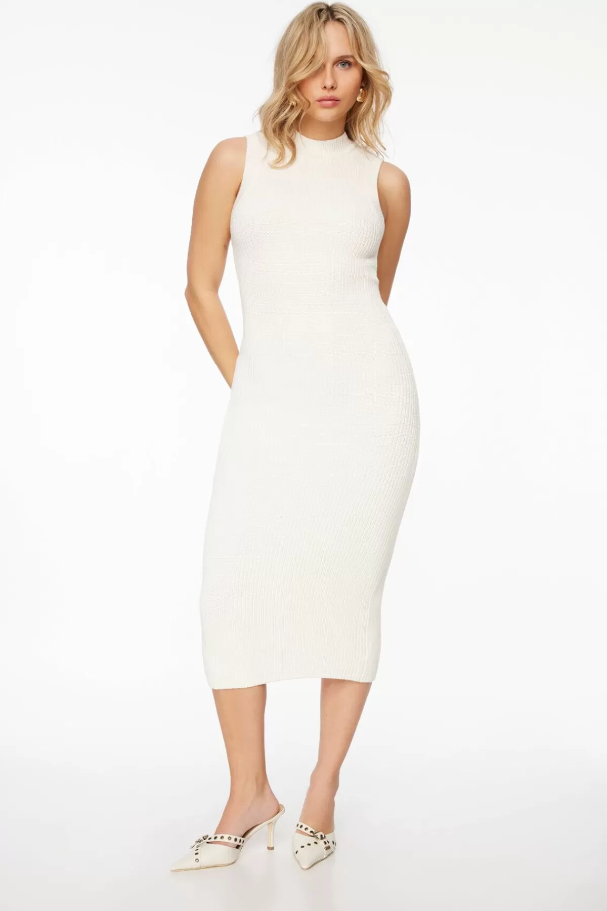 Dynamite Ribbed Bodycon Midi Dress White Discount