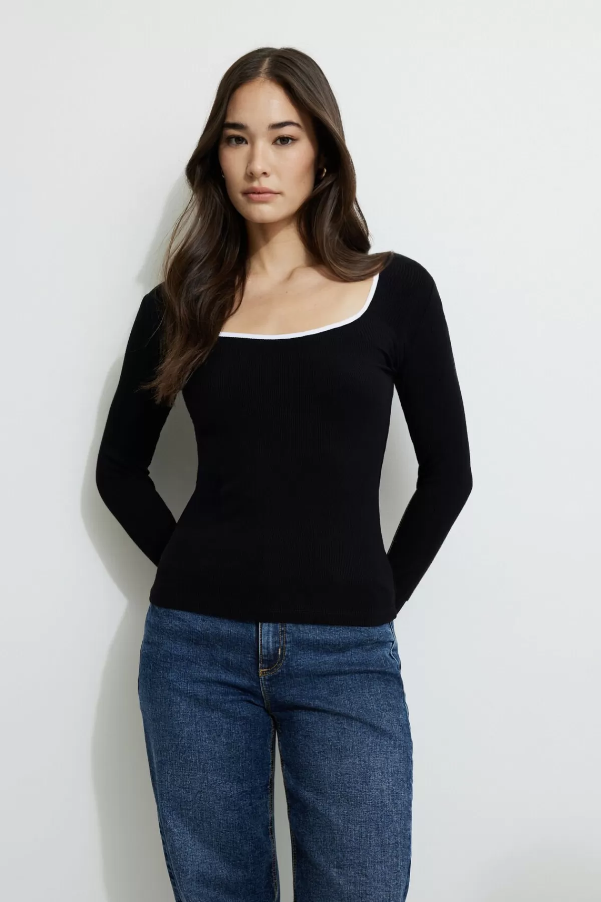 Dynamite Ribbed Contrast Long Sleeve T-Shirt Black Best Sale