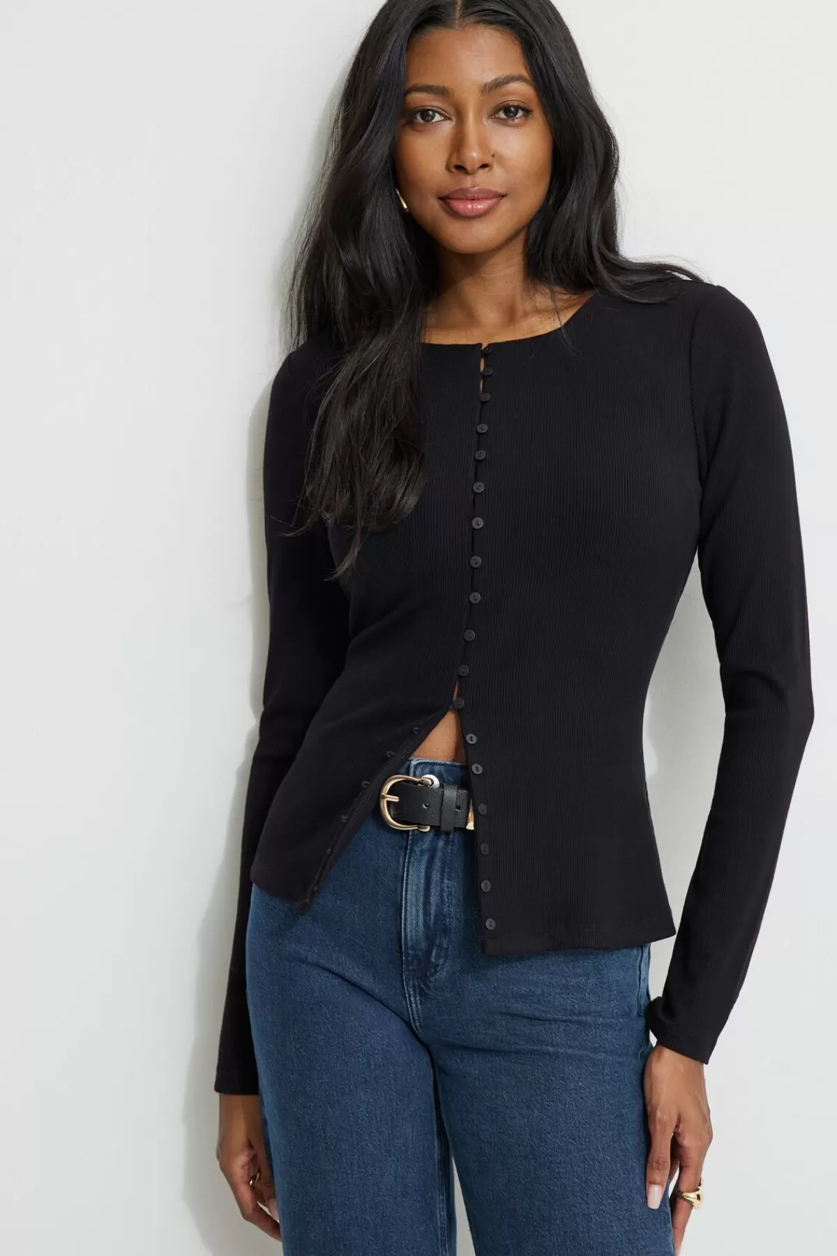 Dynamite Ribbed Flyaway Cardigan Black Best Sale