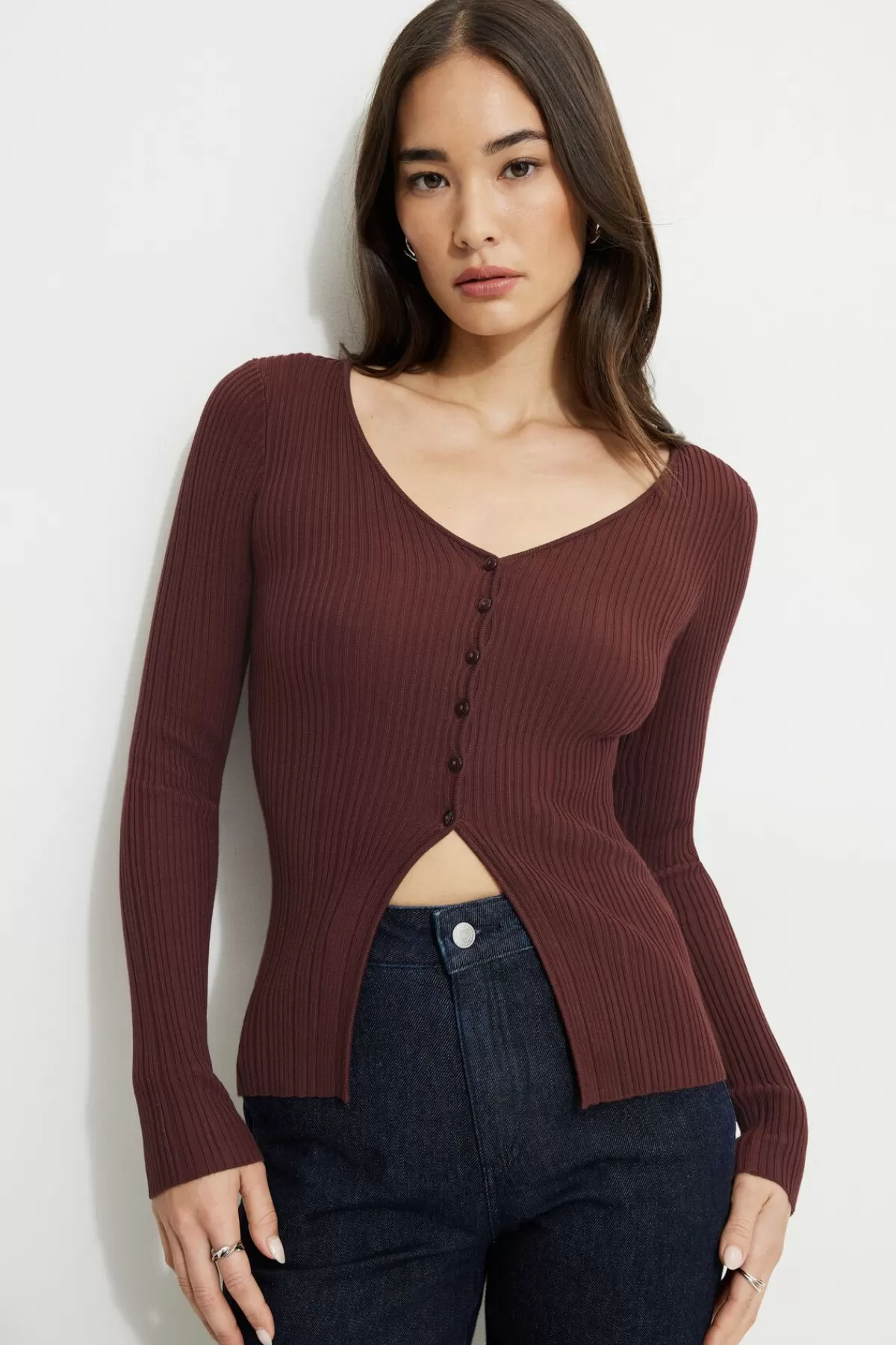 Dynamite Ribbed Flyaway Cardigan Burgundy Shop