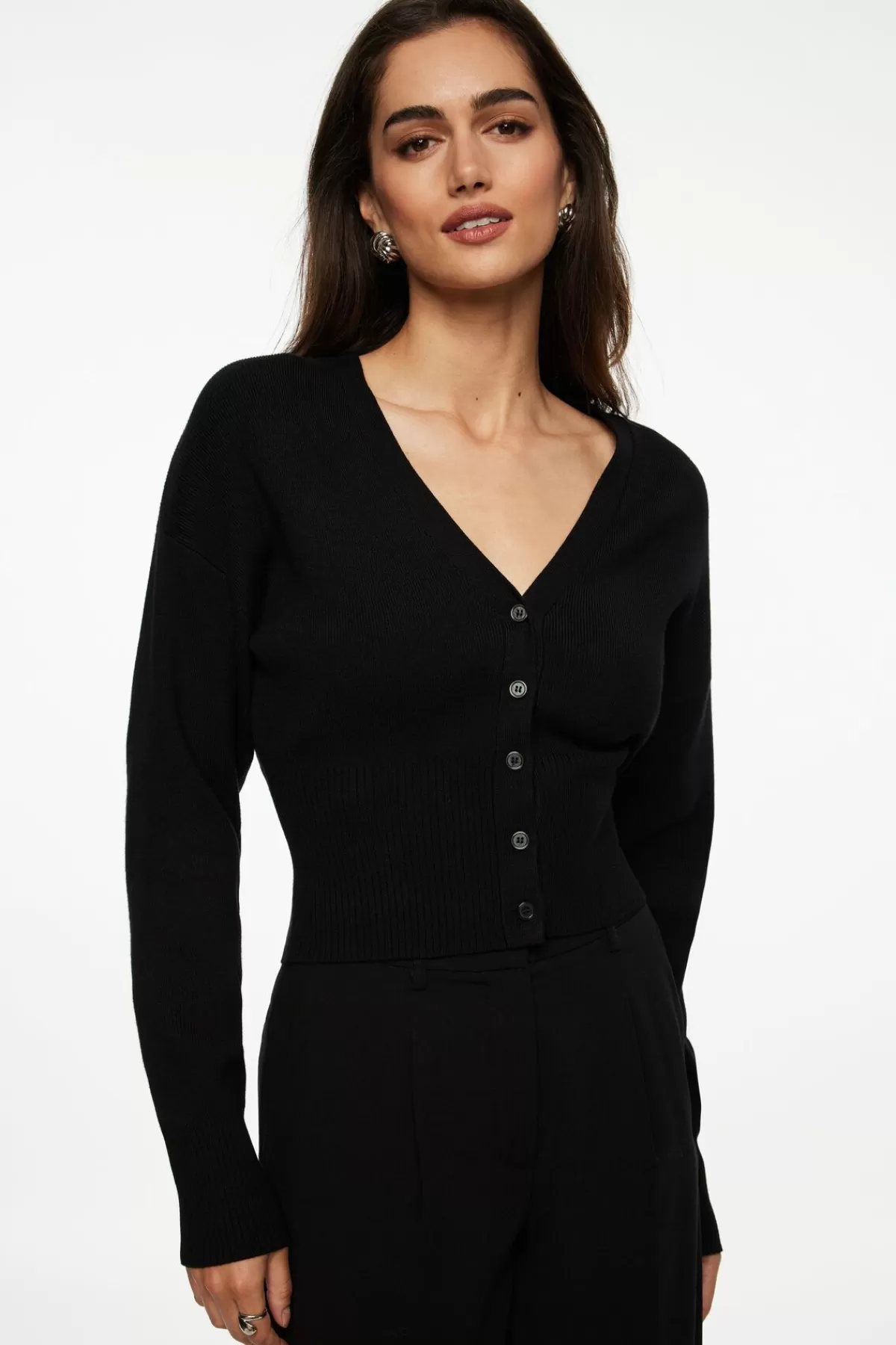 Dynamite Ribbed V-Neck Cardigan Black New