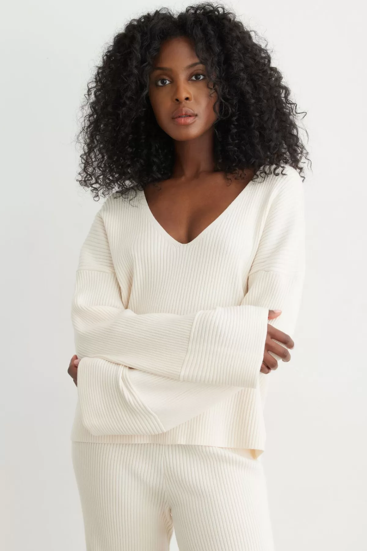 Dynamite Ribbed V-Neck Sweater White Shop