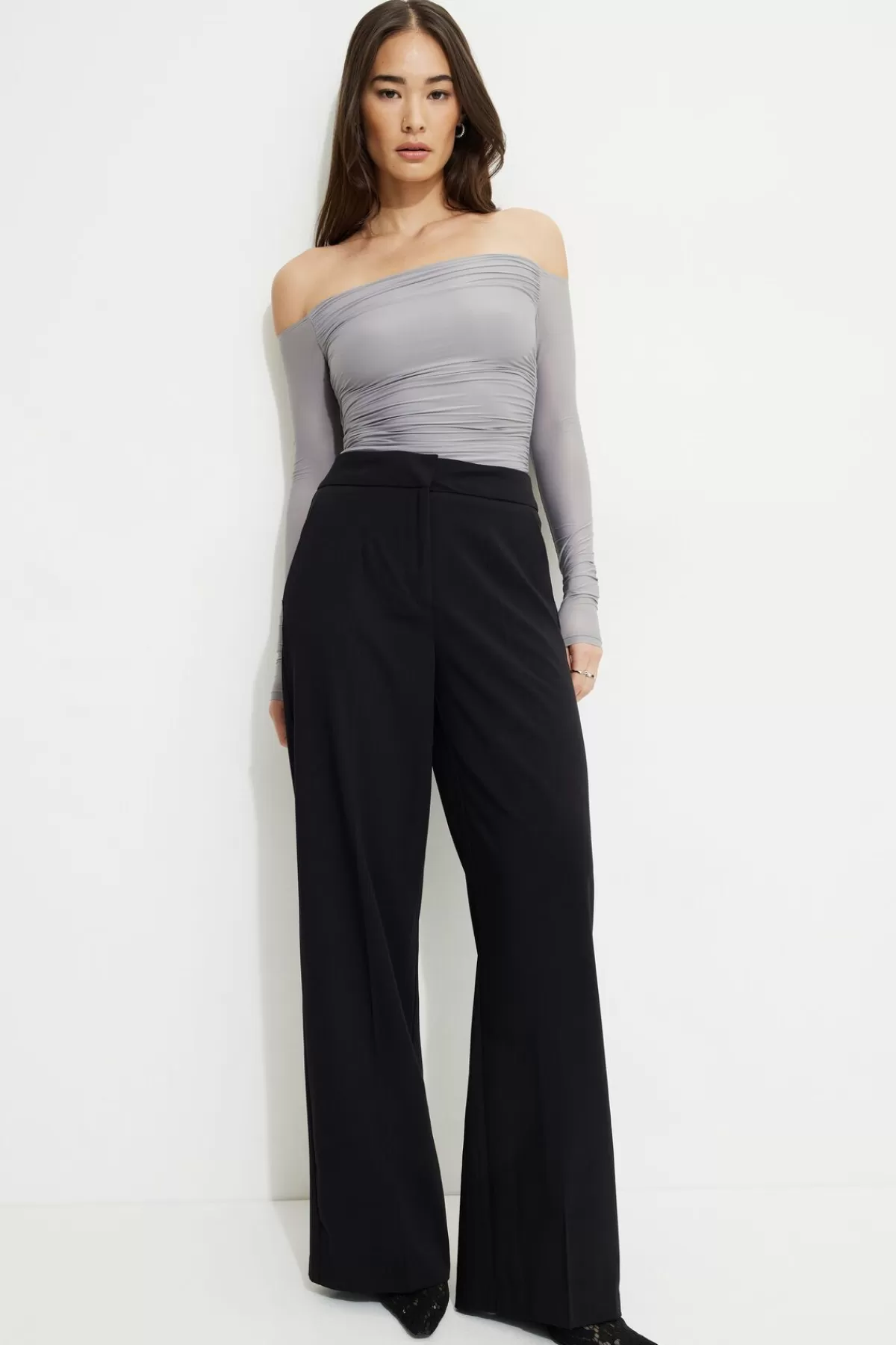 Dynamite Ruched Off Shoulder Jersey Bodysuit Gray Clearance