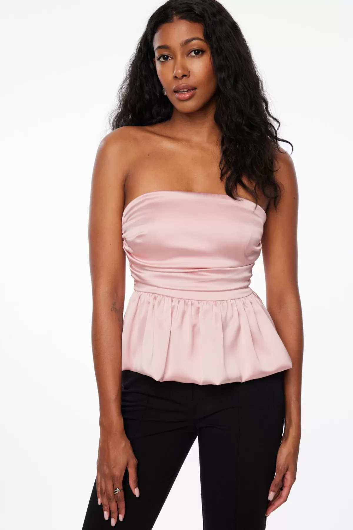 Dynamite Ruched Peplum Satin Top Pink Shop