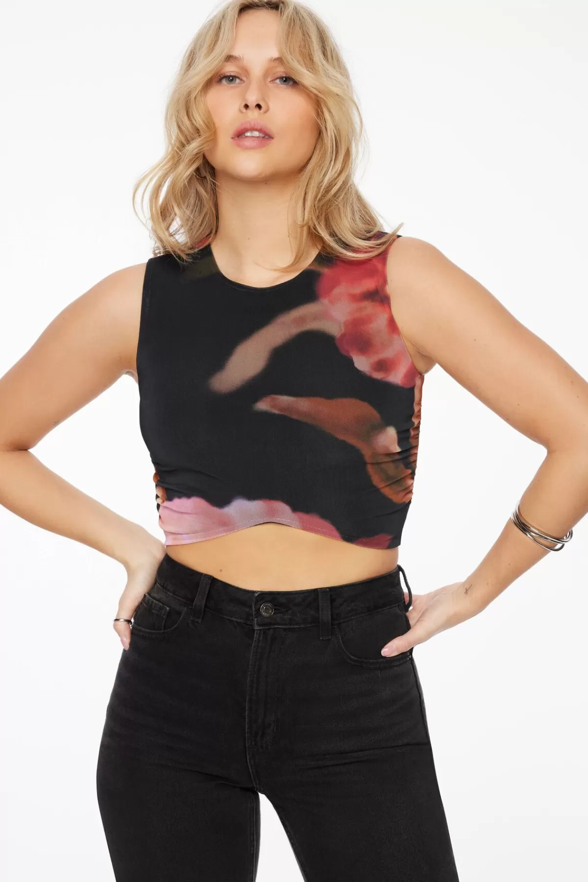 Dynamite Ruched Printed Crop Top Black Hot