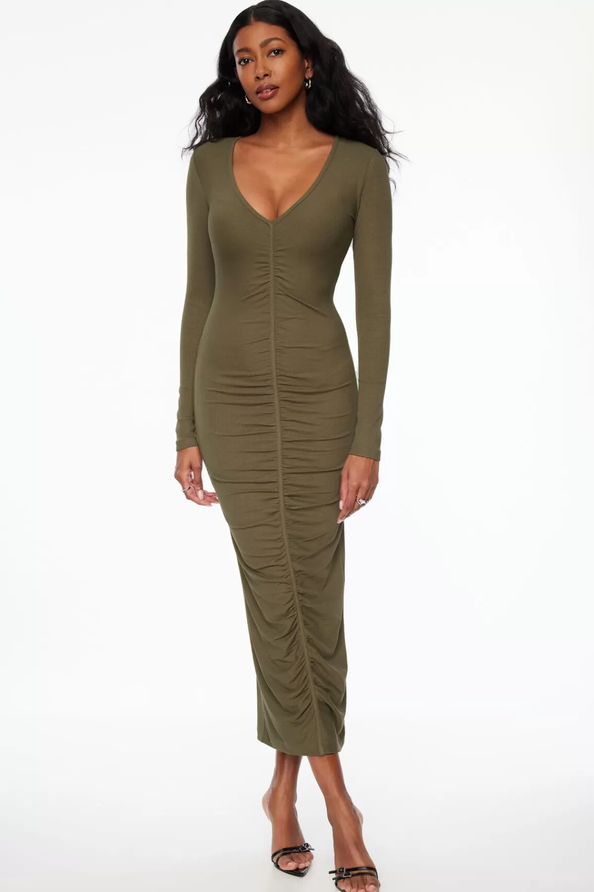 Dynamite Ruched Ribbed Maxi Dress Green Outlet