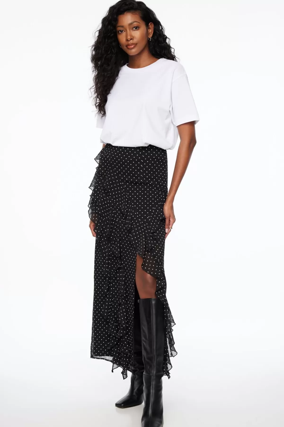 Dynamite Ruffled Polka Dot Maxi Skirt Black Best Sale