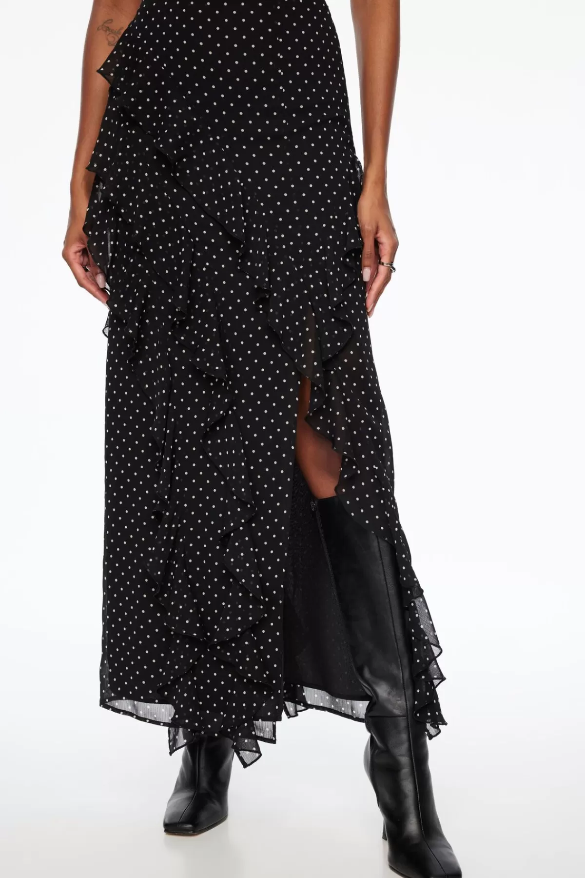 Dynamite Ruffled Polka Dot Maxi Skirt Black Best Sale