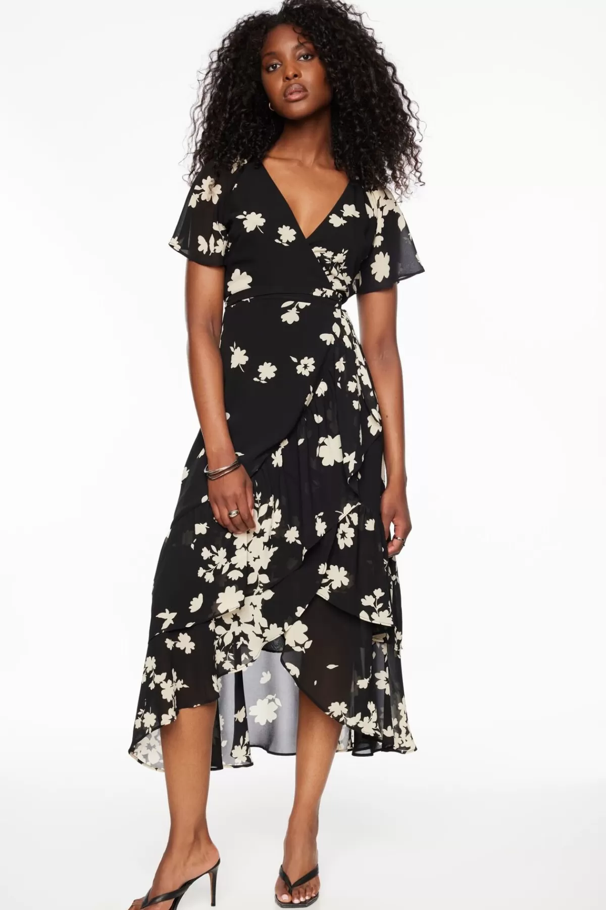 Dynamite Ruffled Wrap Midi Dress Black Cheap