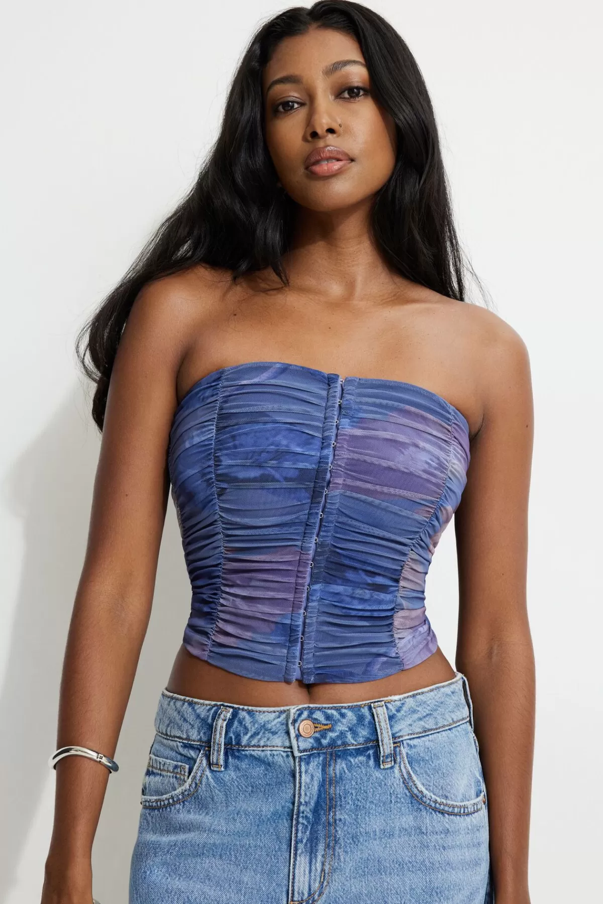 Dynamite Salma Ruched Mesh Bustier Top Blue Clearance