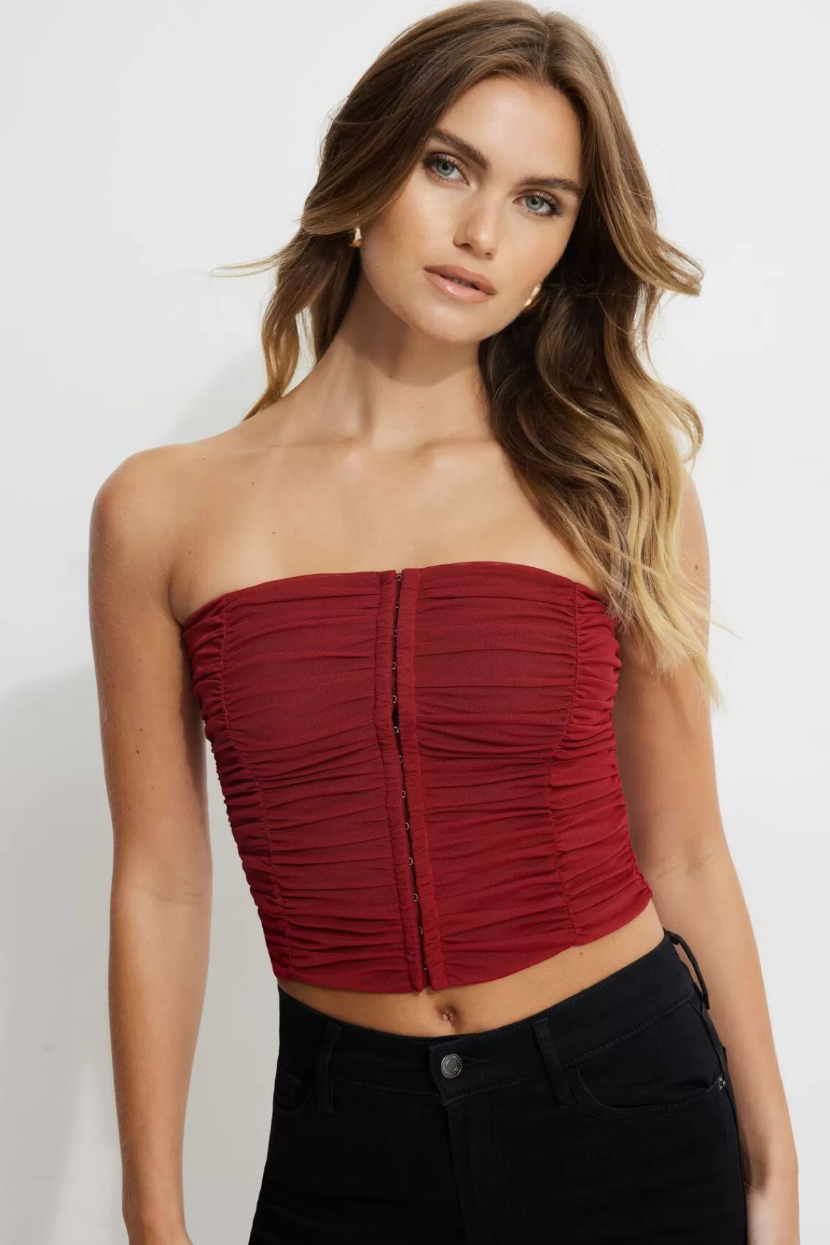 Dynamite Salma Ruched Mesh Bustier Top Red Online