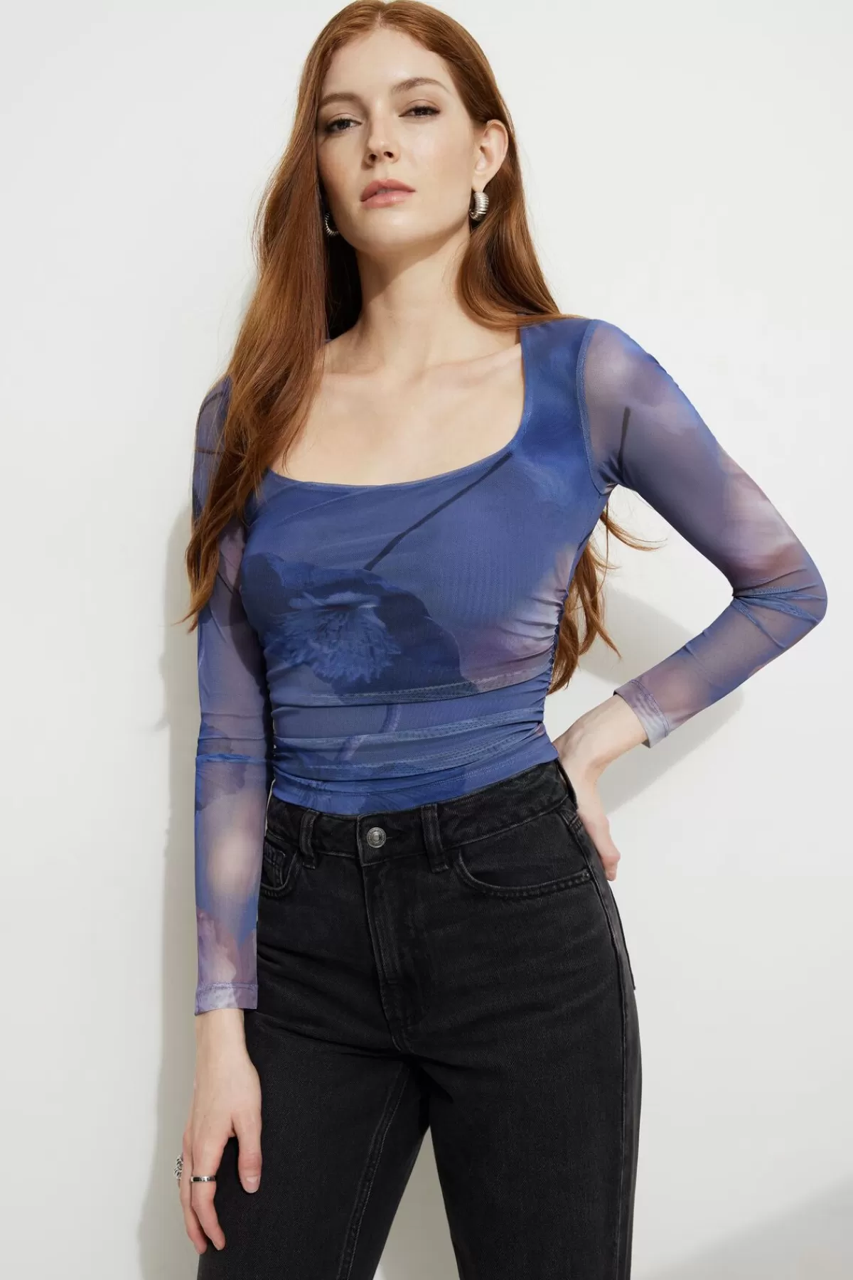 Dynamite Scarlette Ruched Mesh Top Blue Shop