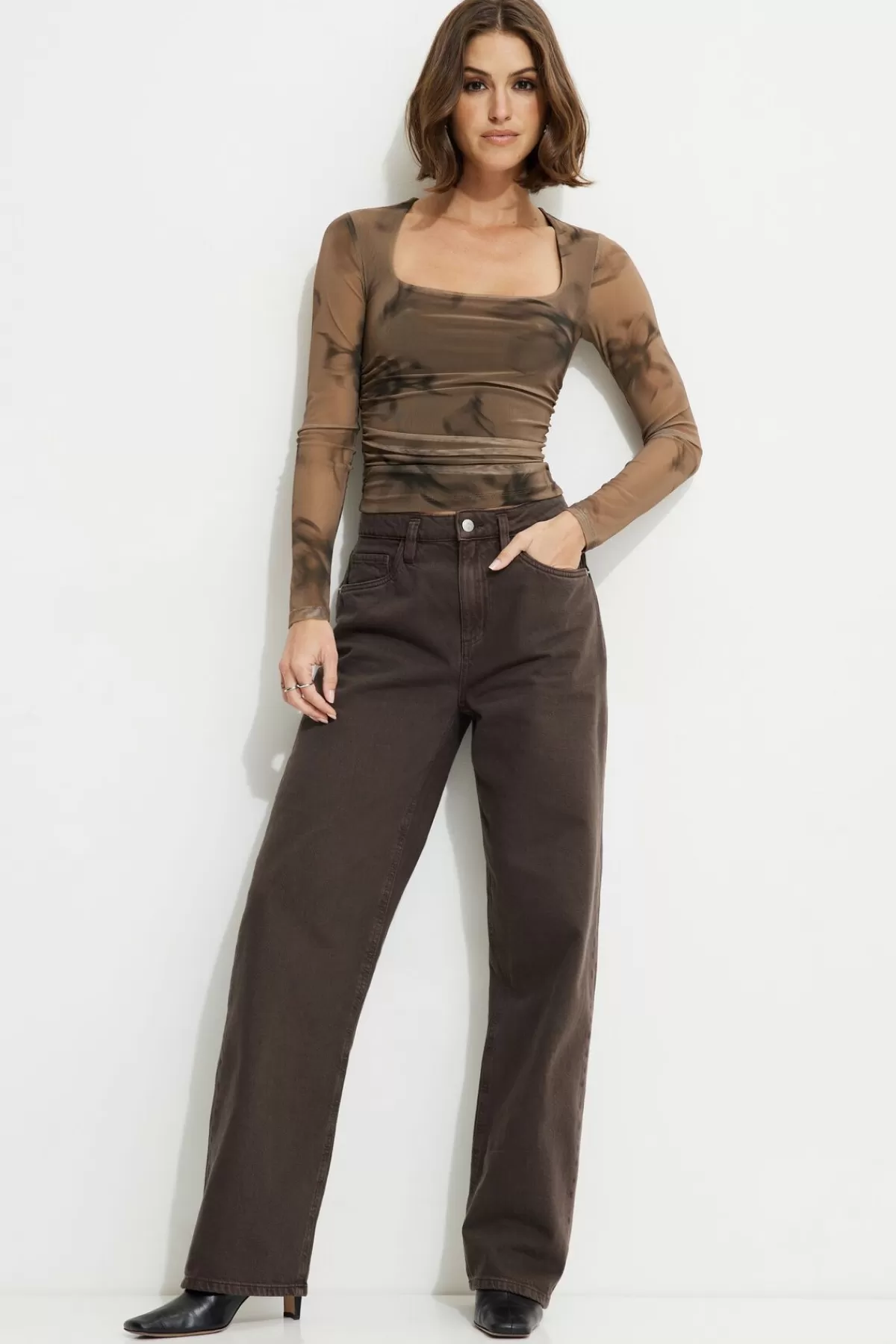 Dynamite Scarlette Ruched Mesh Top Brown Best