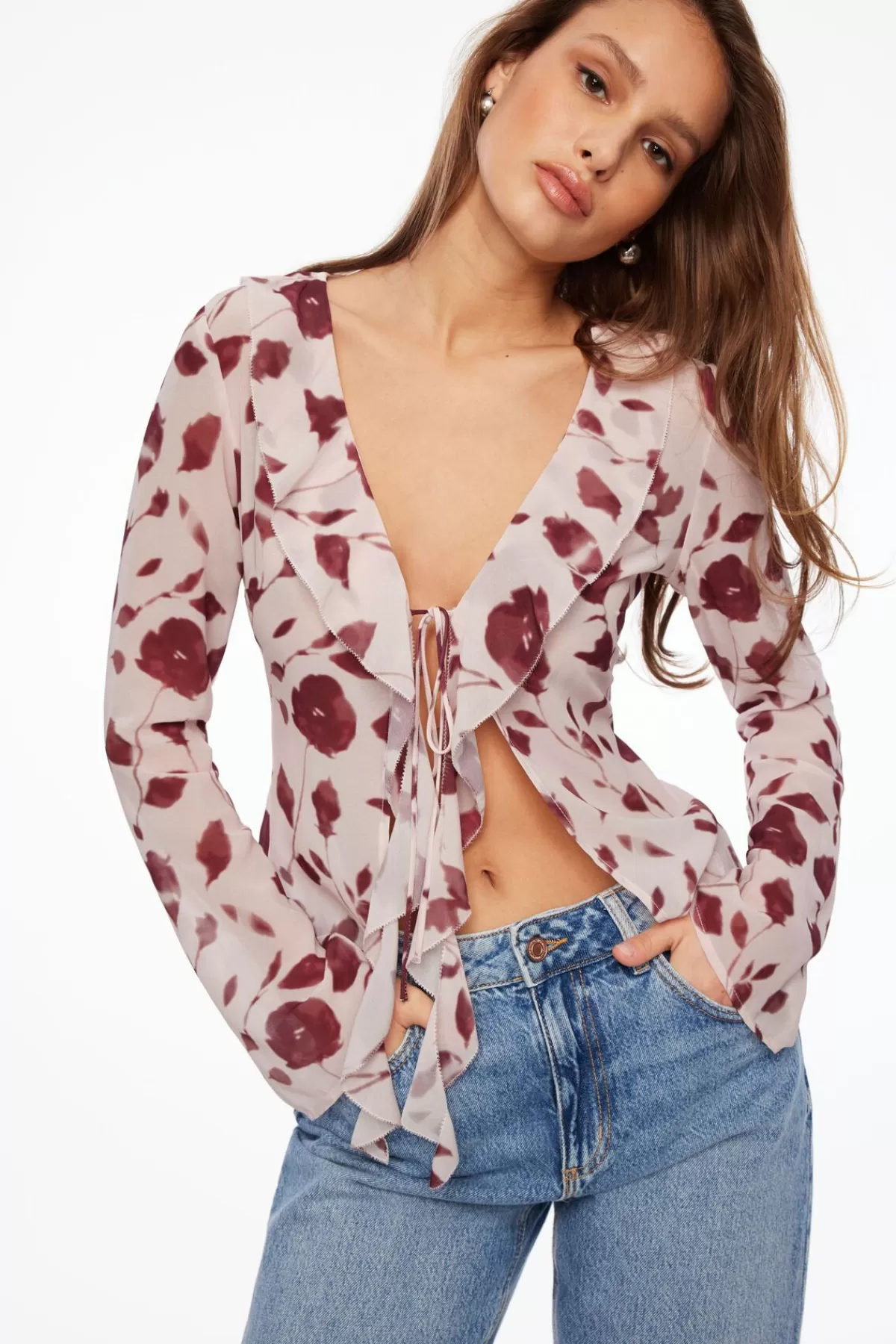 Dynamite Semi Sheer Ruffled Flyaway Top Burgundy Flash Sale