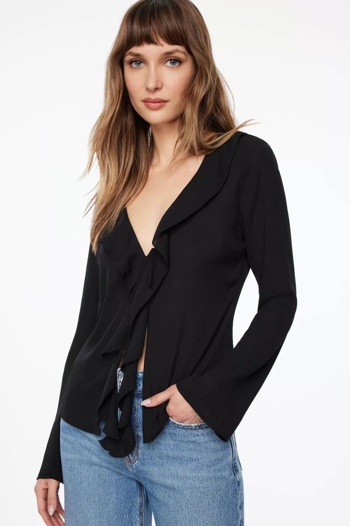 Dynamite Semi Sheer Ruffled Flyaway Top Black Online