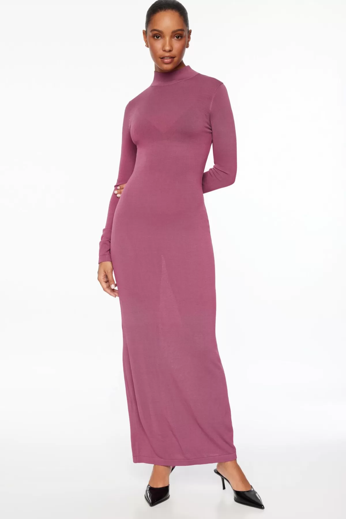 Dynamite Sheer Mock Neck Maxi Dress Purple Clearance