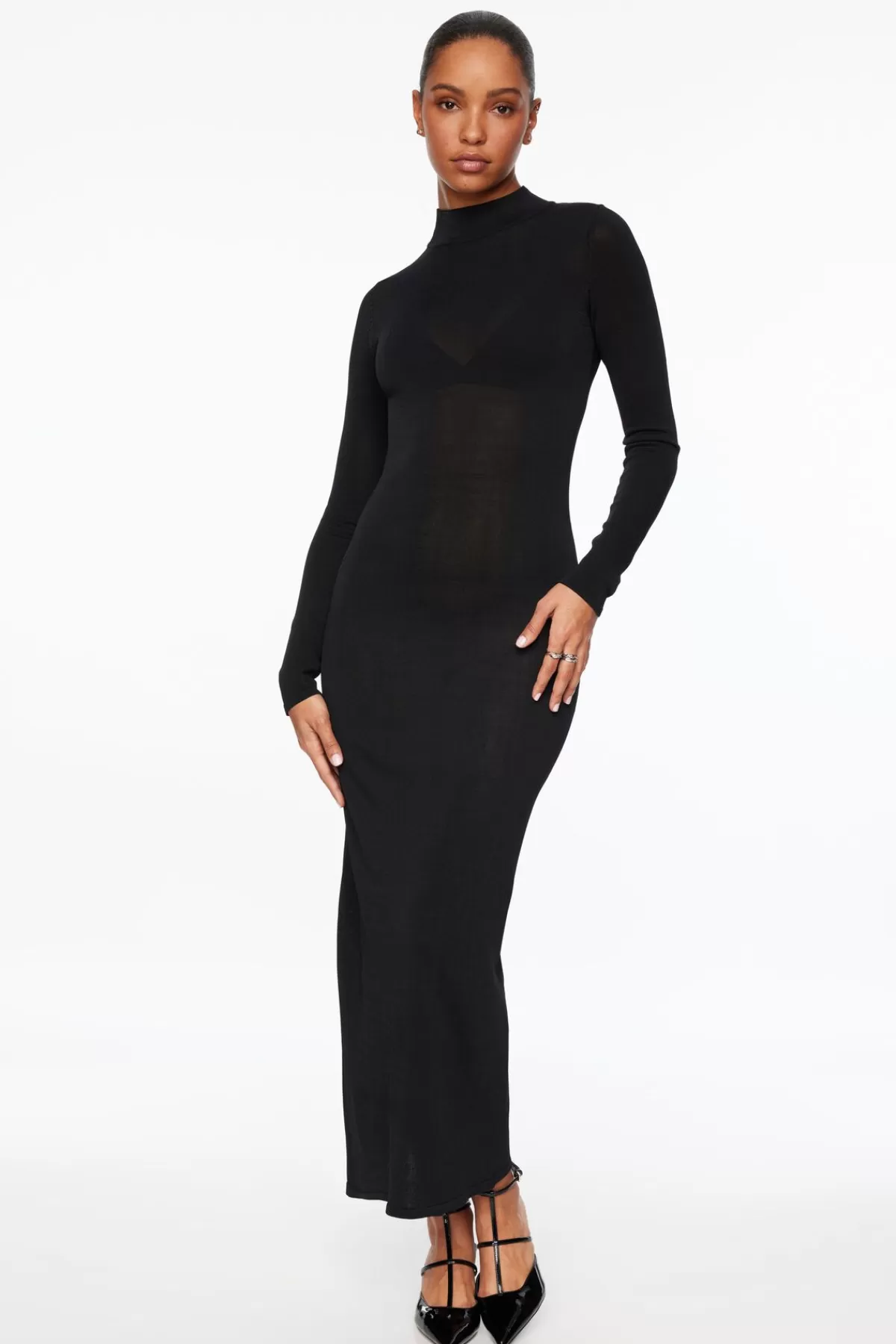 Dynamite Sheer Mock Neck Maxi Dress Black Best Sale