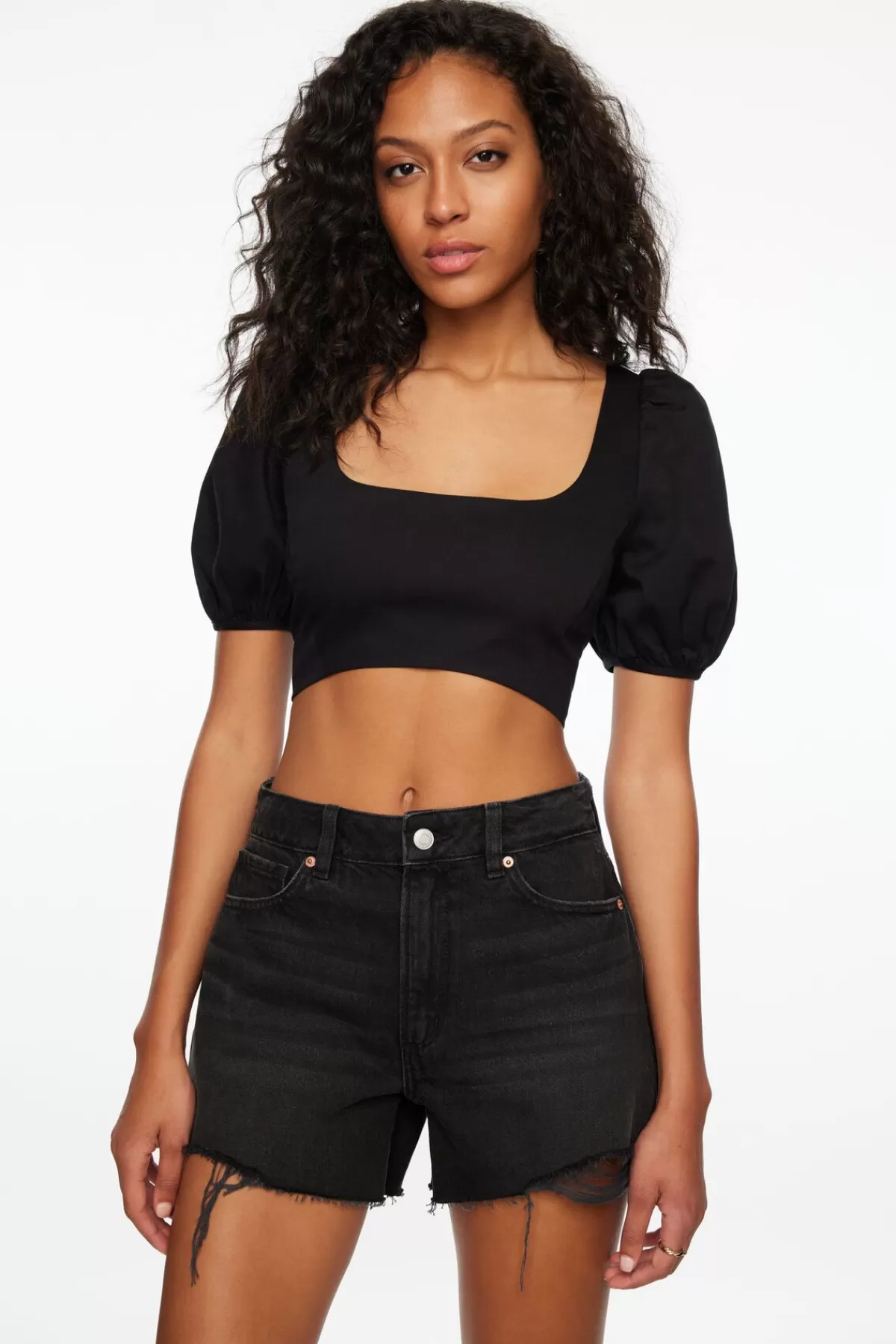 Dynamite Short Bubble Sleeve Crop Top Black Flash Sale