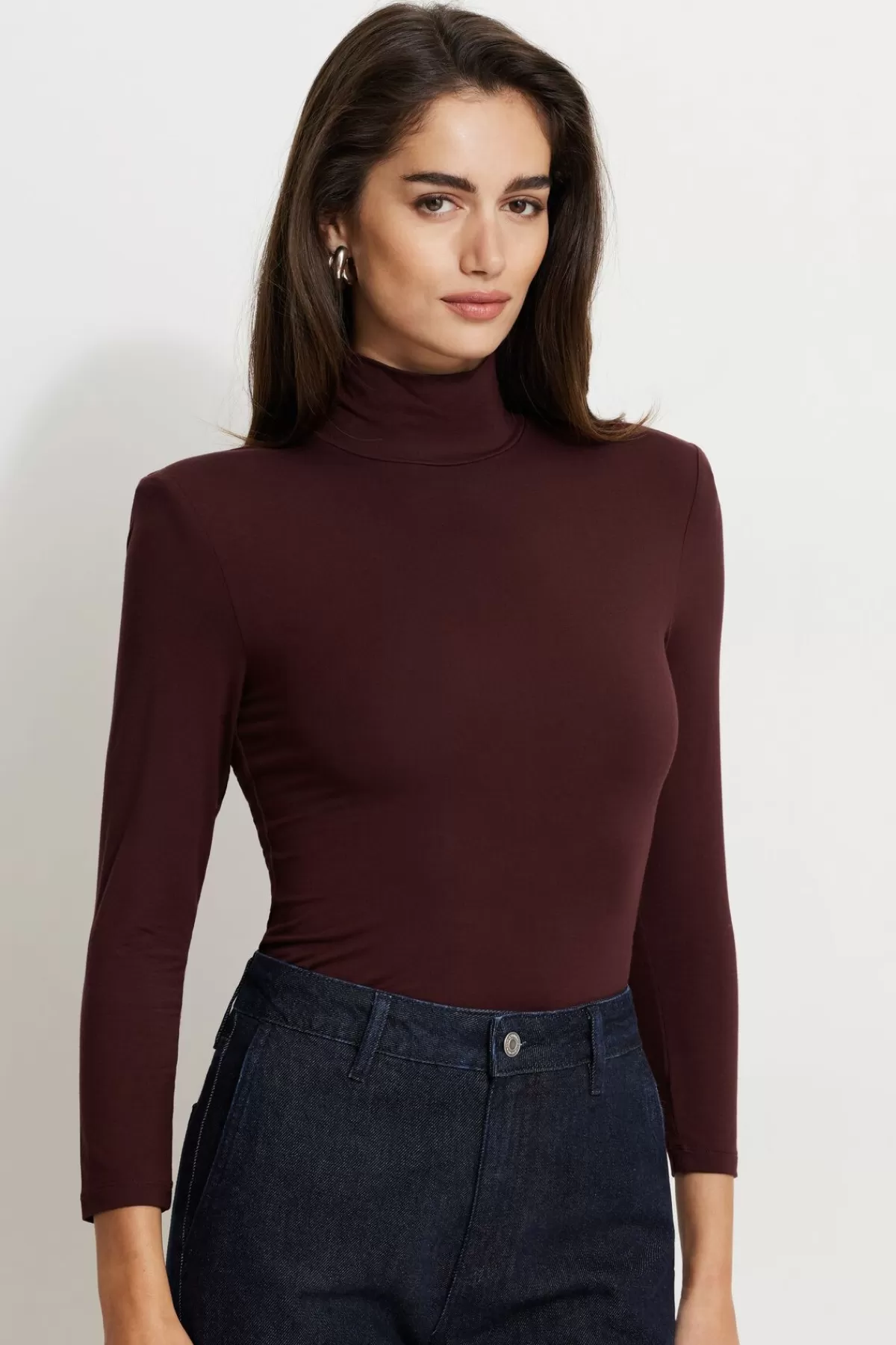 Dynamite Shoulder Pad Mock Neck Top Burgundy Hot