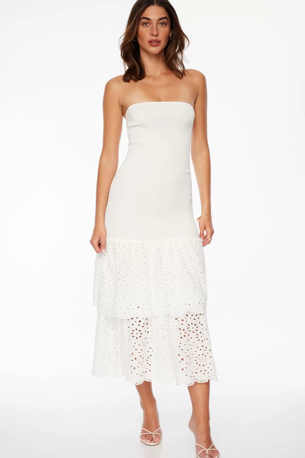 Dynamite Smocked Eyelet Maxi Dress White Hot