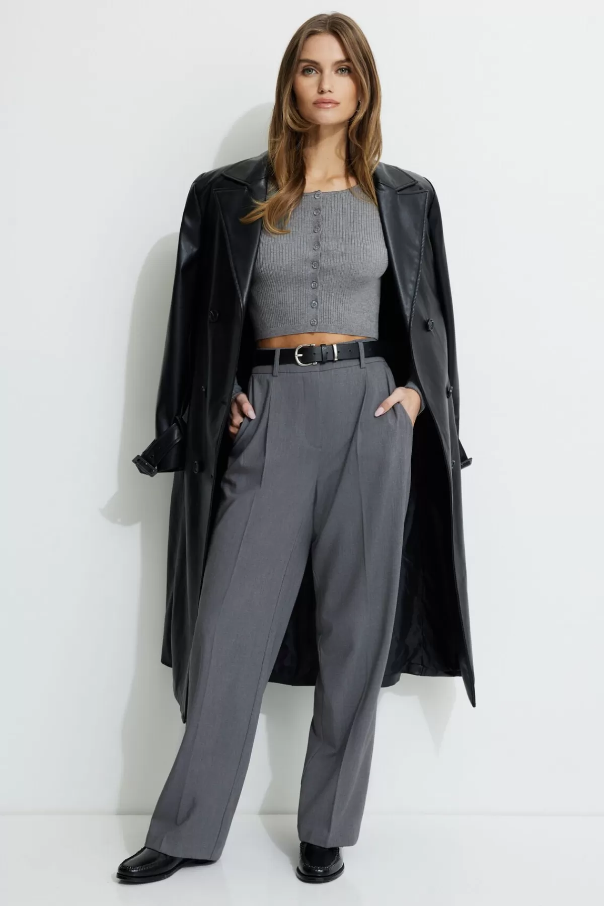 Dynamite Sofia Pleated Straight Leg Pants Gray Outlet