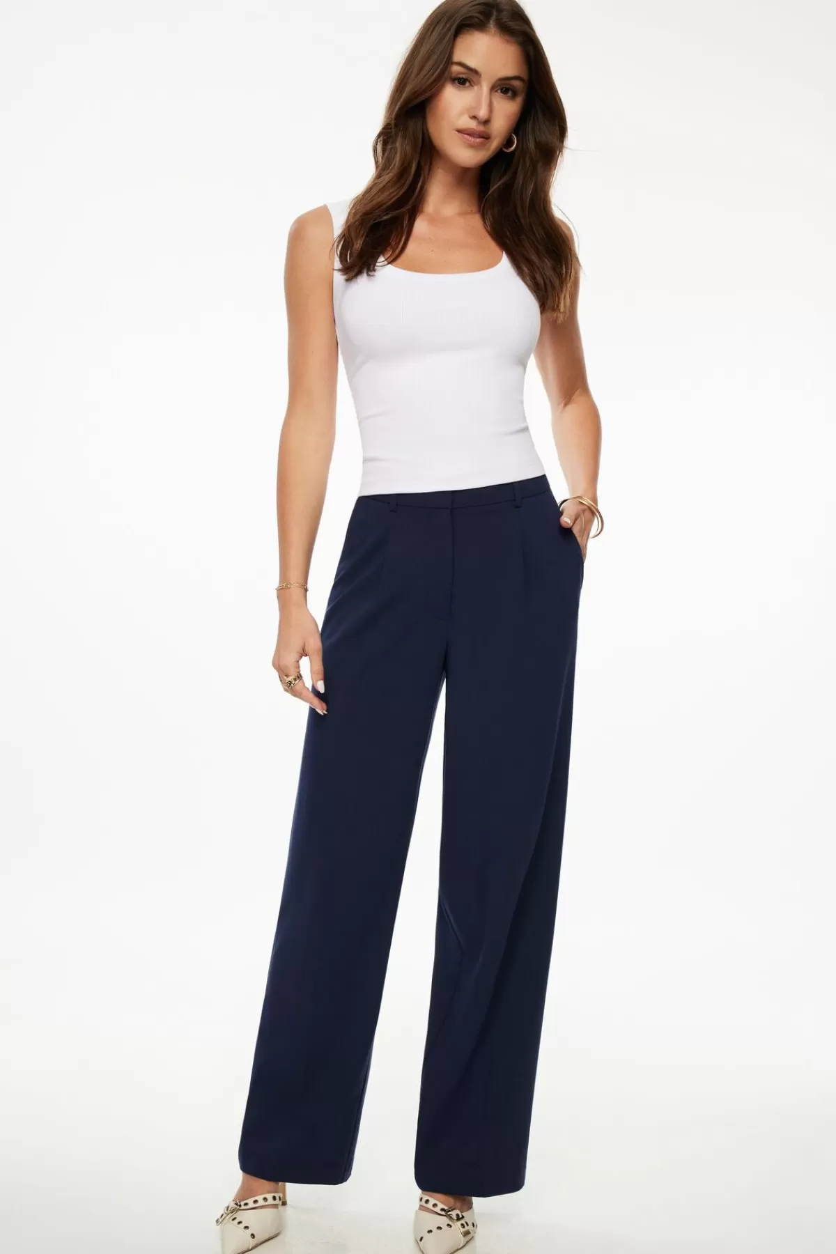 Dynamite Sofia Pleated Straight Leg Pants Blue Online