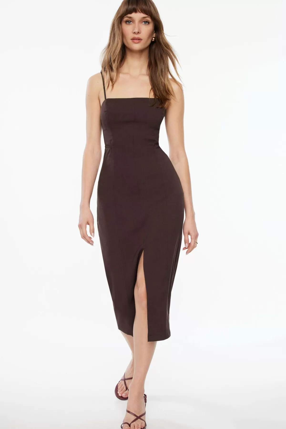 Dynamite Square Neck Midi Dress With Slit Brown Clearance