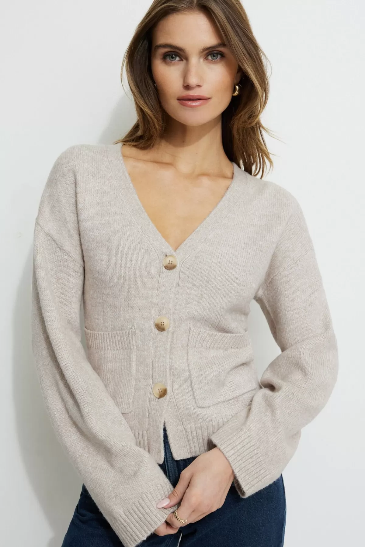 Dynamite V-Neck Button Cardigan Brown Outlet