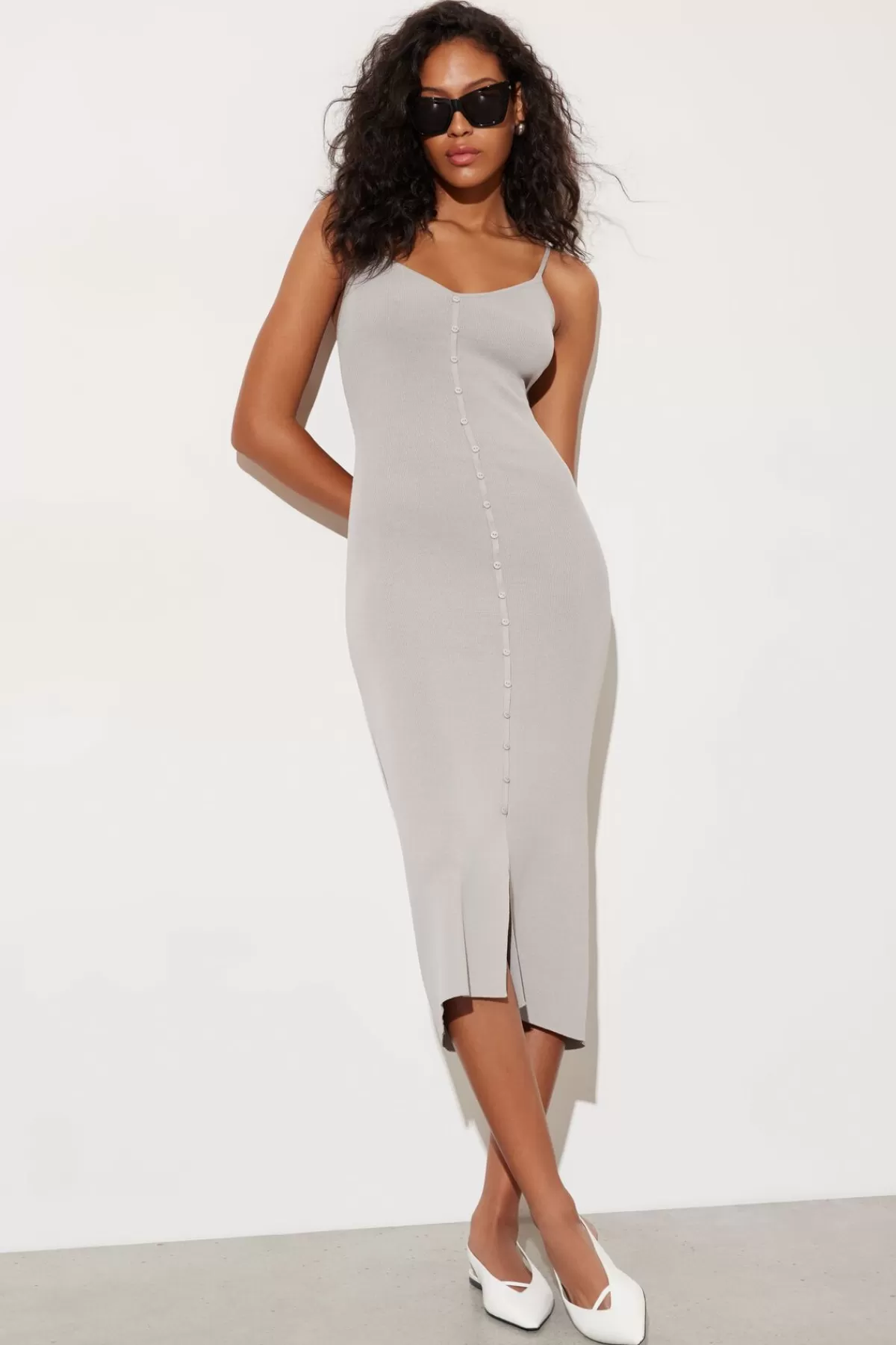 Dynamite V-Neck Button Down Midi Dress Gray Online